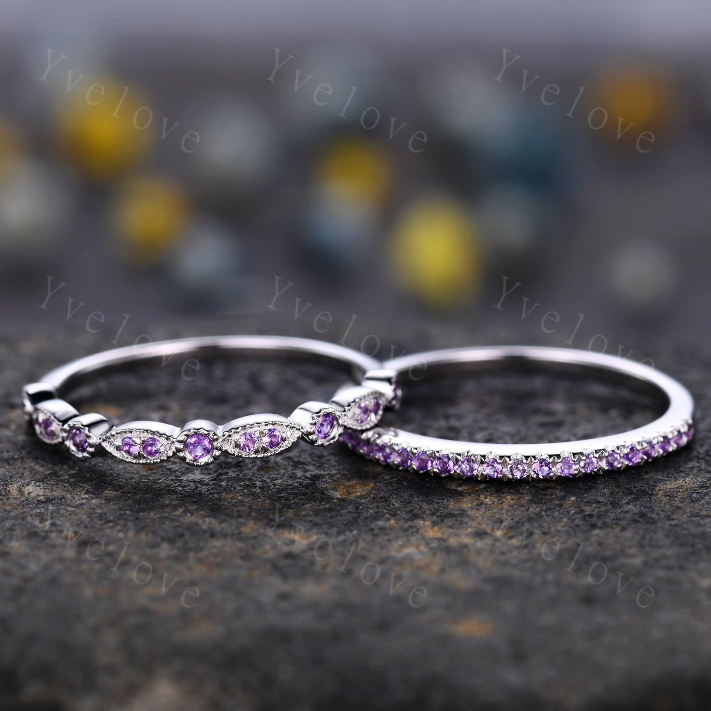 Amethyst ring art deco half eternity amethyst wedding band milgrain style unique sterling silver ring matching band natural gemstone gift
