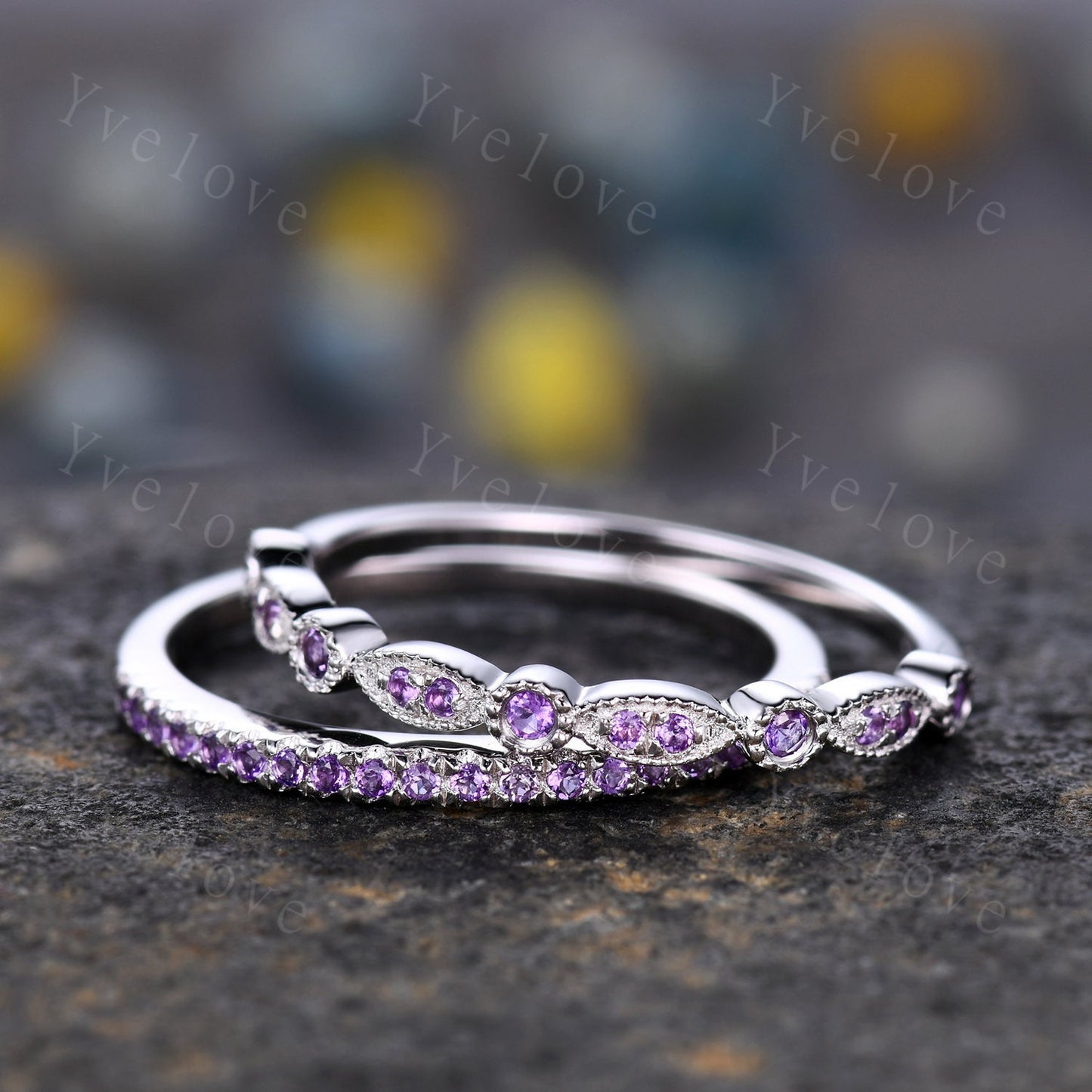 Amethyst ring art deco half eternity amethyst wedding band milgrain style unique sterling silver ring matching band natural gemstone gift