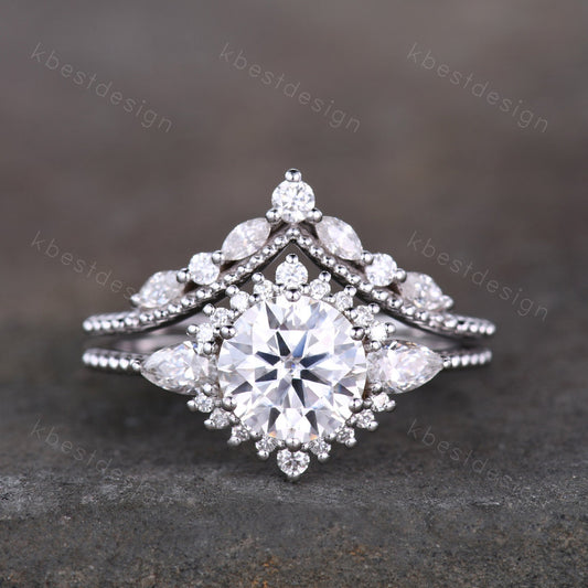 Vintage Moissanite Engagement Ring Set White Gold Round Shaped Moissanite Bridal Set Art Deco Stacking Ring Milgrain Moissanite Wedding Set