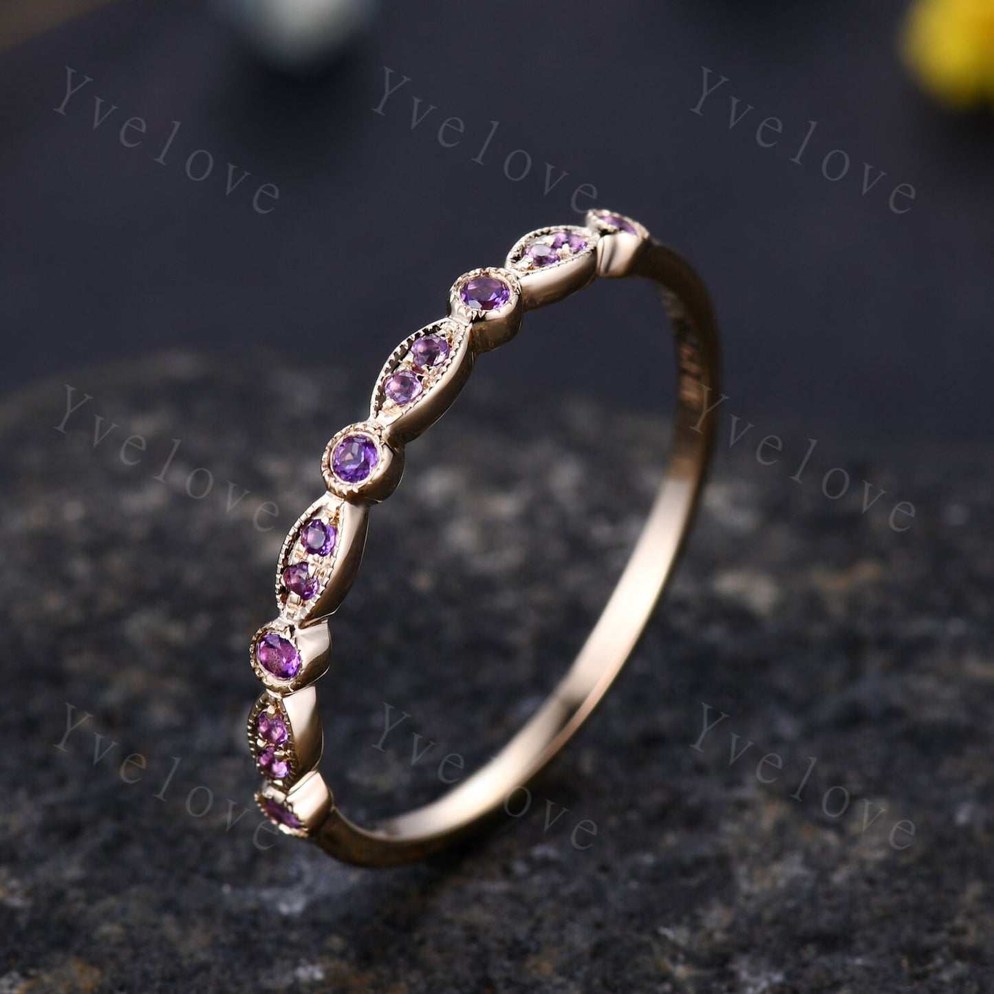 Amethyst ring art deco half eternity amethyst wedding band milgrain style ring 14k white gold matching band natural gemstone IF color