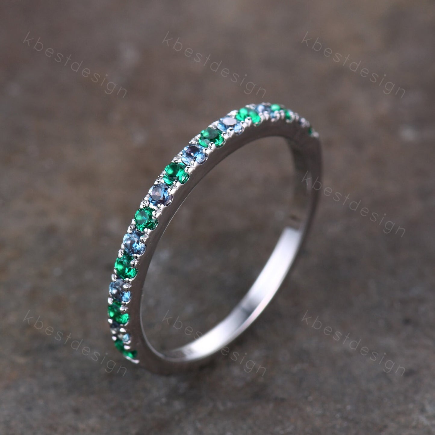 Half Eternity Emerald Alexandrite Wedding Band Dainty Sterling Silver Stacking Matching Band Birthstone Ring Wedding Band Anniversary Ring