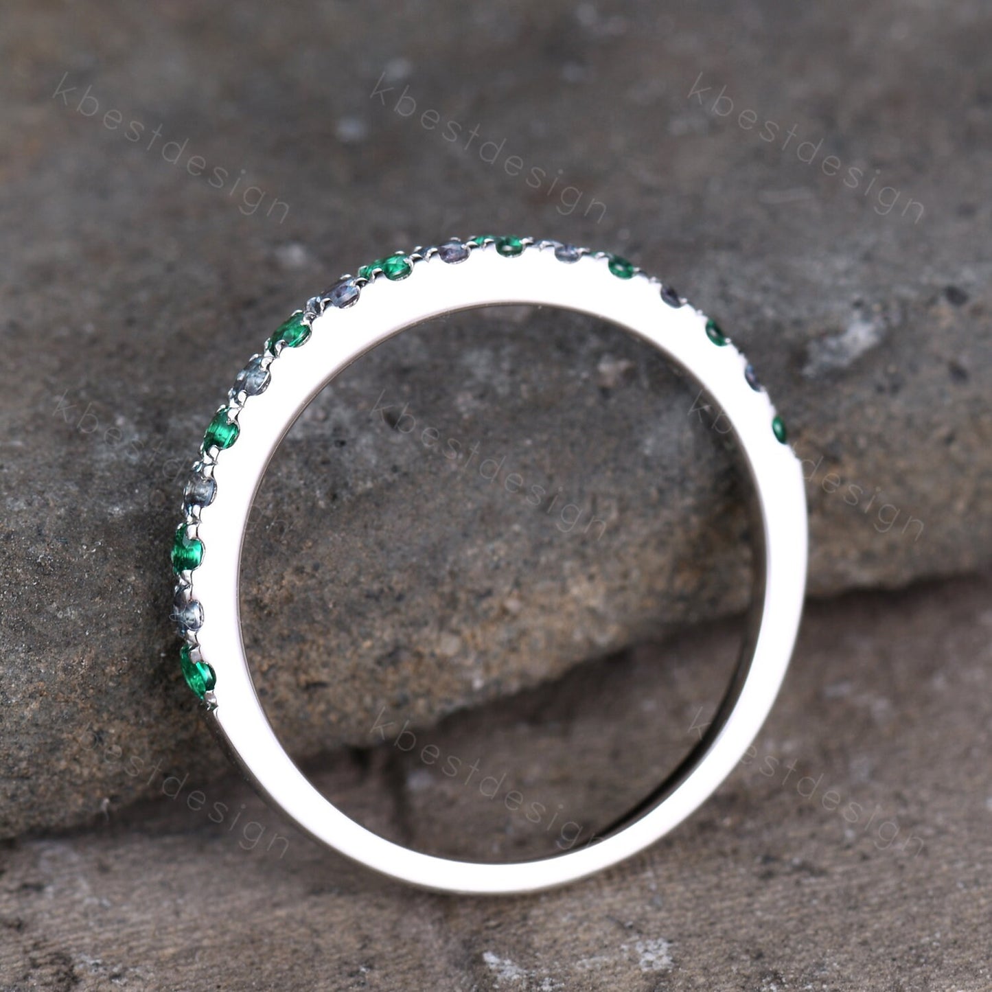 Half Eternity Emerald Alexandrite Wedding Band Dainty Sterling Silver Stacking Matching Band Birthstone Ring Wedding Band Anniversary Ring