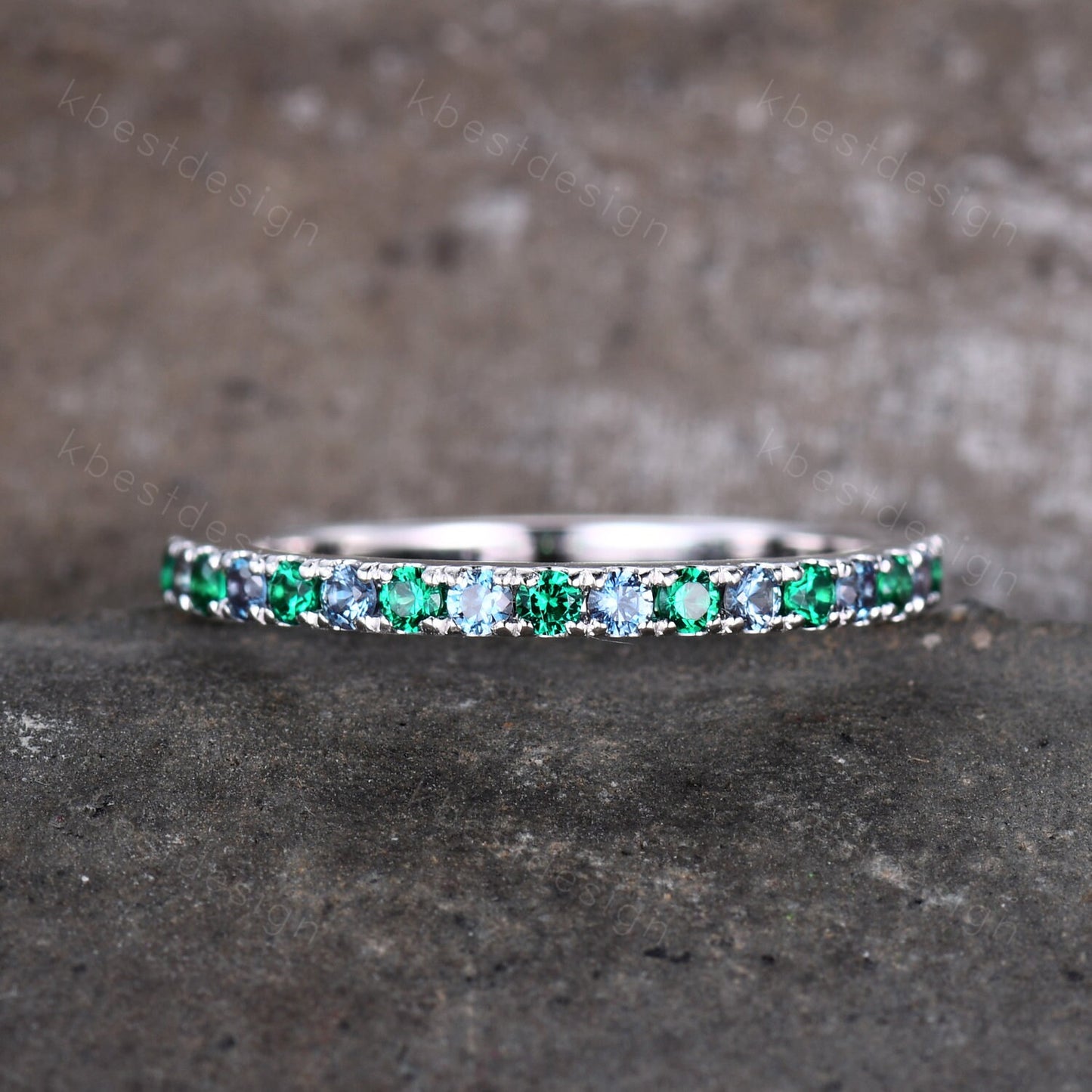 Half Eternity Emerald Alexandrite Wedding Band Dainty Sterling Silver Stacking Matching Band Birthstone Ring Wedding Band Anniversary Ring