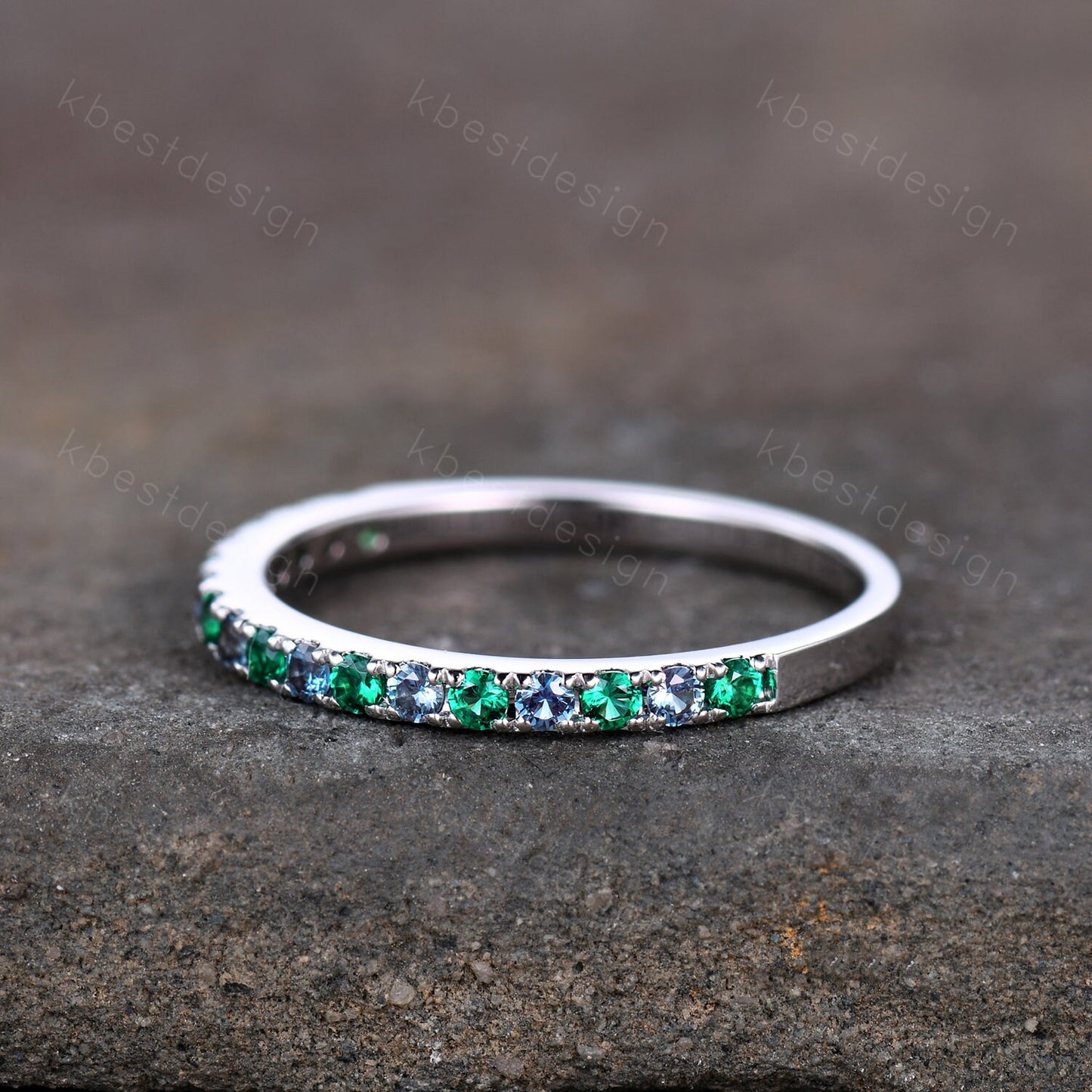 Half Eternity Emerald Alexandrite Wedding Band Dainty Sterling Silver Stacking Matching Band Birthstone Ring Wedding Band Anniversary Ring