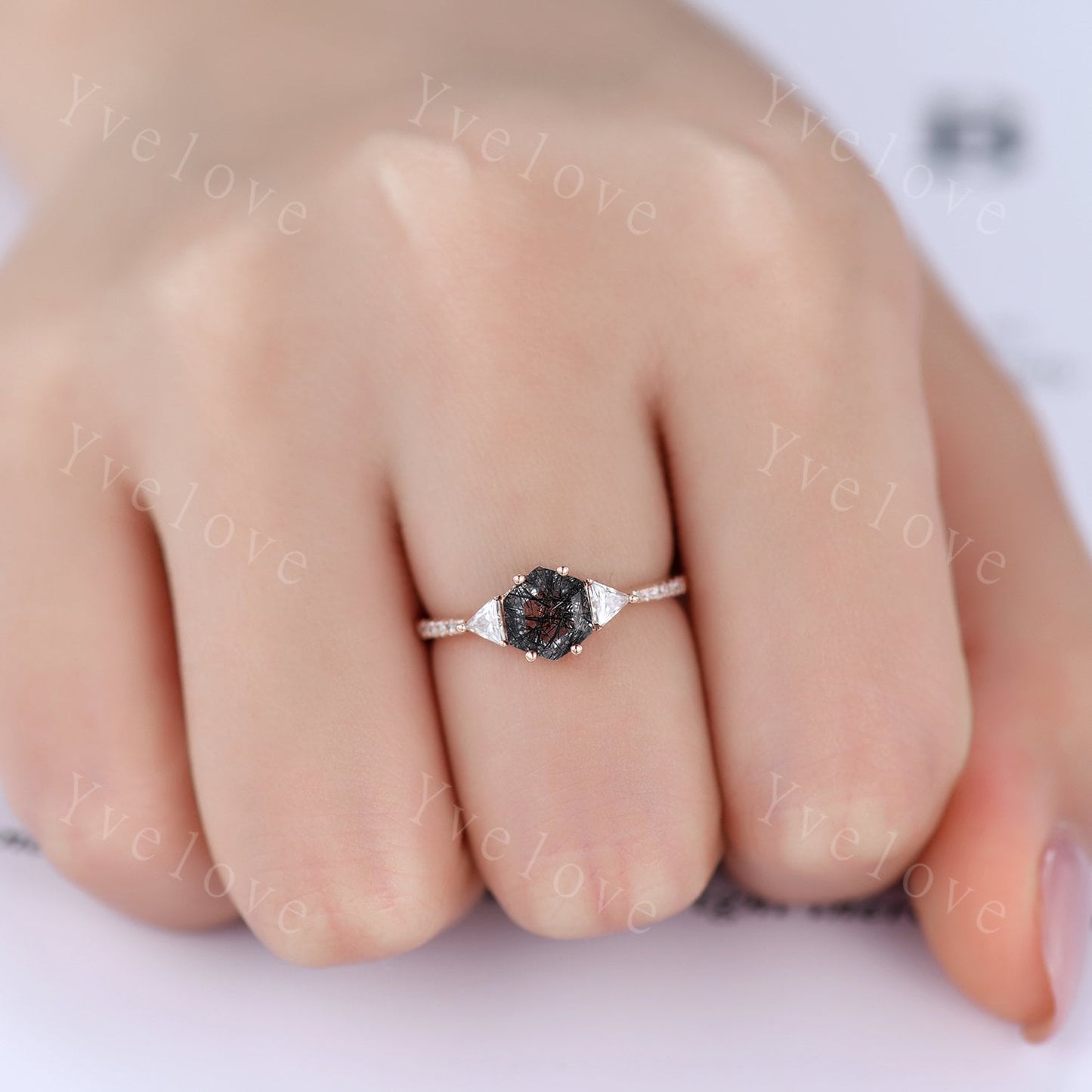 Hexagon Cut Black Rutilated Quartz Engagement Ring,Vingate Bridal Ring,925 Silver,Gothic Ring,Anniversary Wedding Ring Birthday Gift for Her