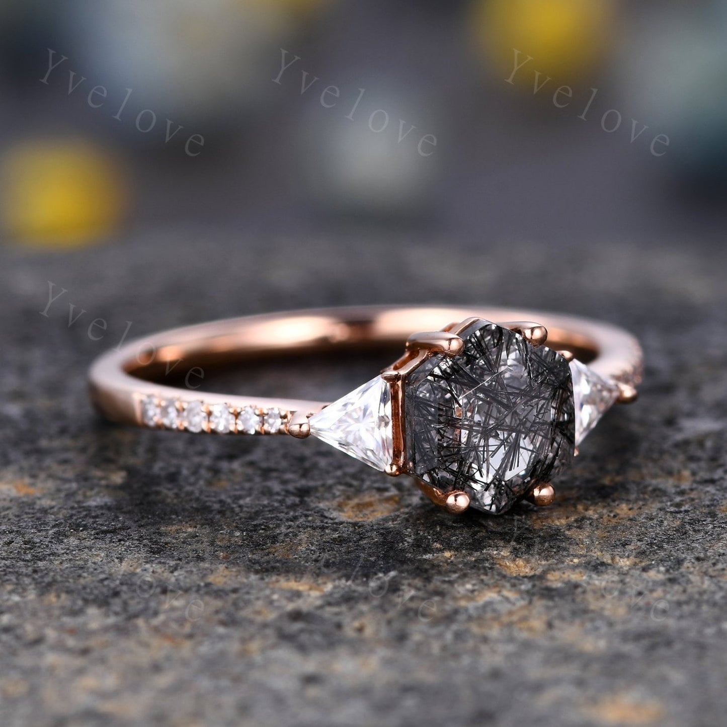 Hexagon Cut Black Rutilated Quartz Engagement Ring,Vingate Bridal Ring,925 Silver,Gothic Ring,Anniversary Wedding Ring Birthday Gift for Her