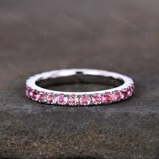 Pink Tourmaline Wedding Band, Full Eternity Band, Natural Tourmaline Wedding Band, Stacking Matching Band Anniversary Ring Gift For Her