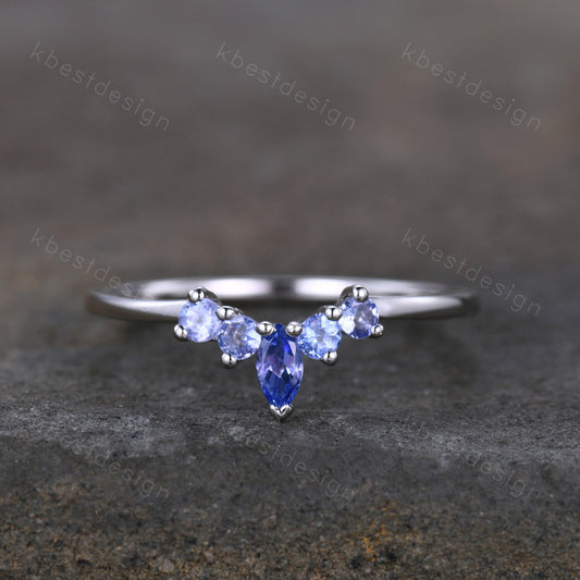Curved Tanzanite Wedding Band/ Marquise Cut Tanzanite Stacking Band/ Sterling Silver Ring/ Unique Matching Band/ Anniversary Gift for Her