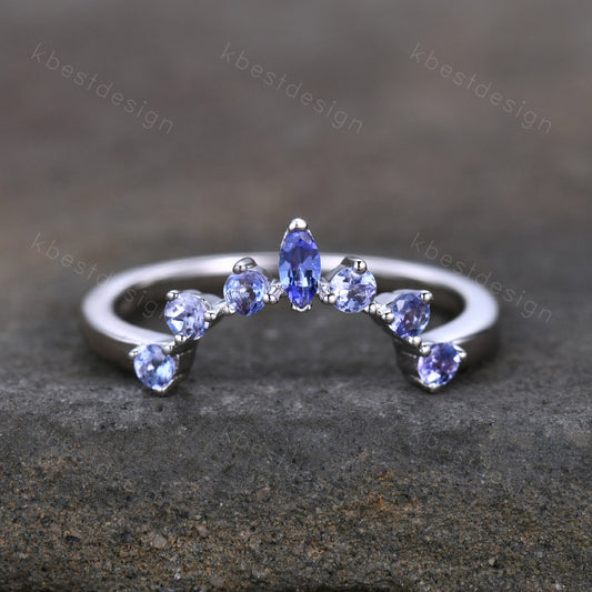 Natural Tanzanite Wedding Band, Curved Tanzanite Wedding Stacking Band, Marquise Cut Tanzanite Curved Band, Wedding Ring, Anniversary Ring