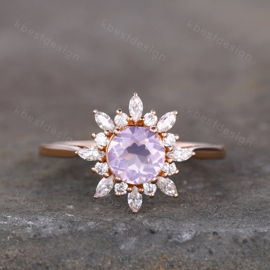 Natural Lavender Amethyst Ring Vintage Unique Diamond Halo Bridal Ring Amethyst Solitaire Engagement Ring February Birthstone Promise Ring