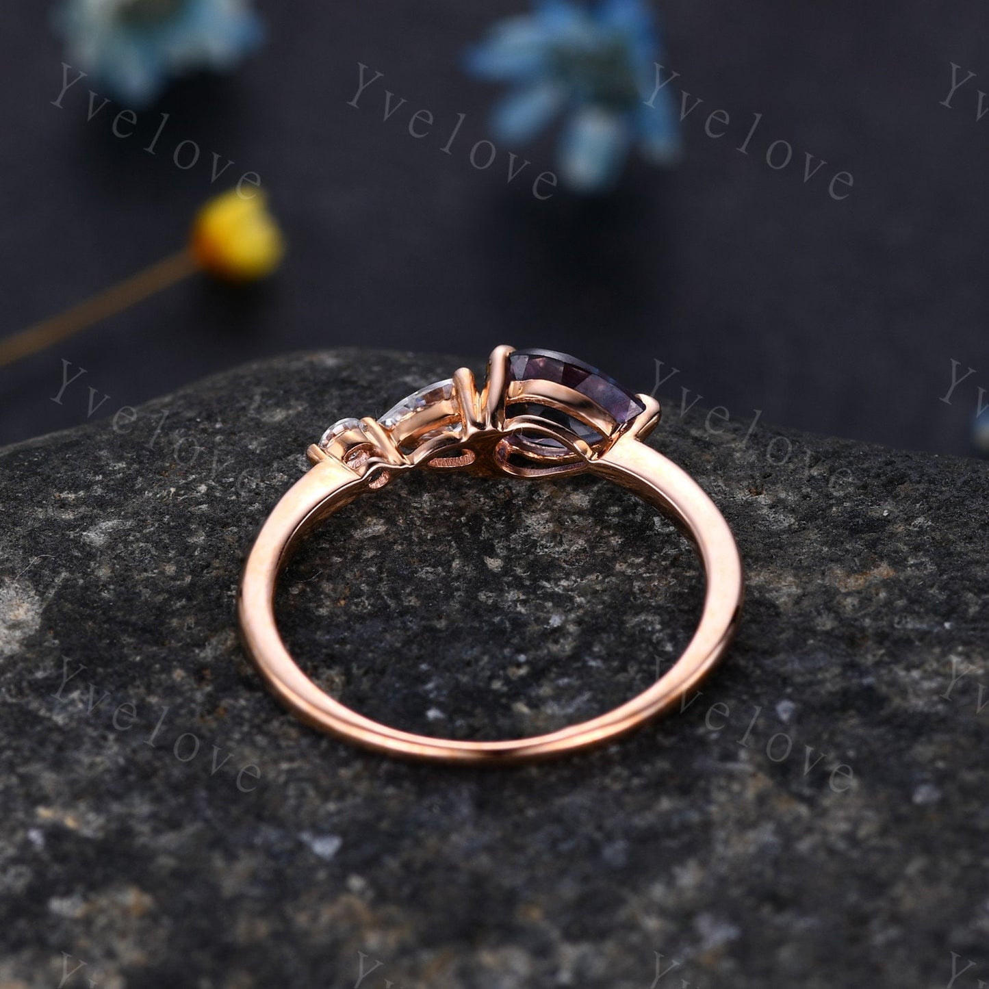 Vintage Turquoise Ring Engagement Ring,Pear Cut Gems,Art Deco Moissanite Wedding Band,3 Stone Unique Women Bridal Promise Ring,Rose gold