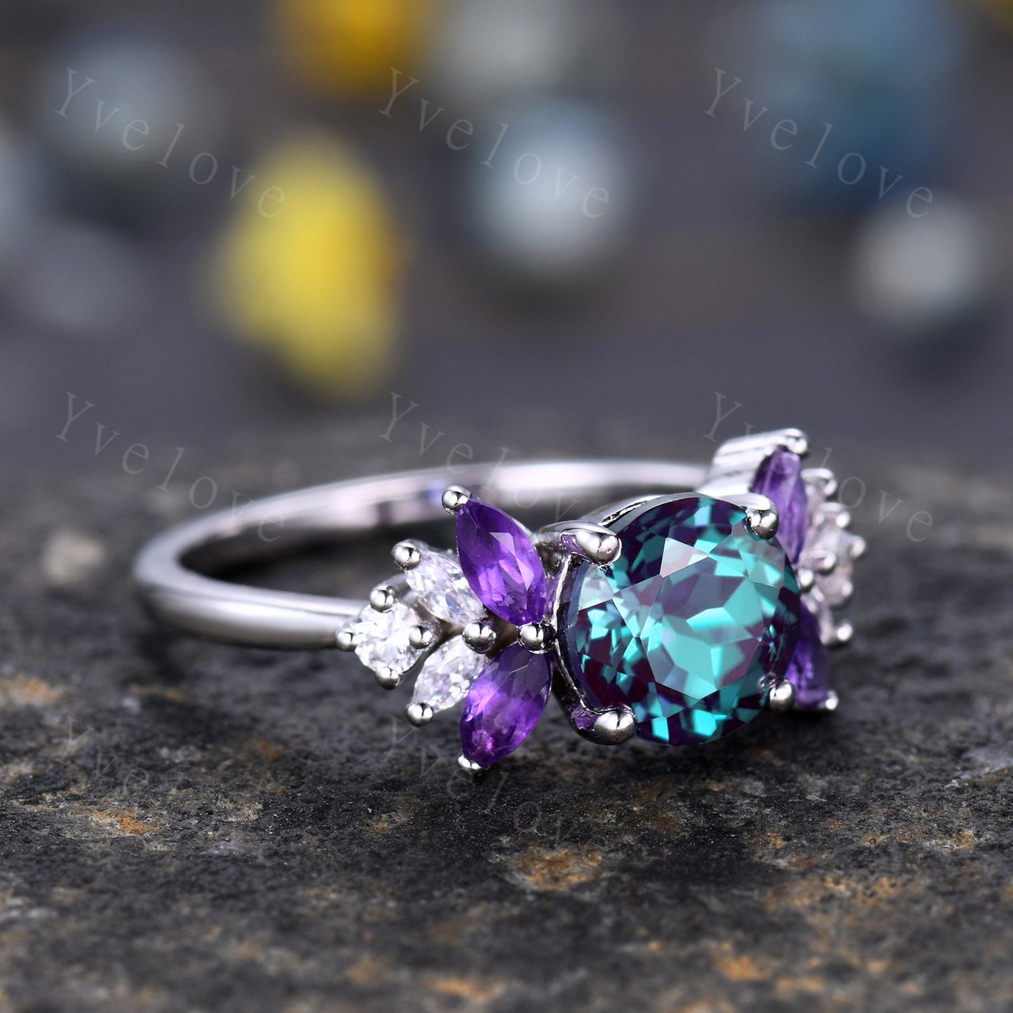 Vintage Alexandrite Engagement Ring,Round Alexandrire,Sterling Silver,Exquisite Women Moissanite Amethyst Gem,Matching Band,Bridal Ring Gift