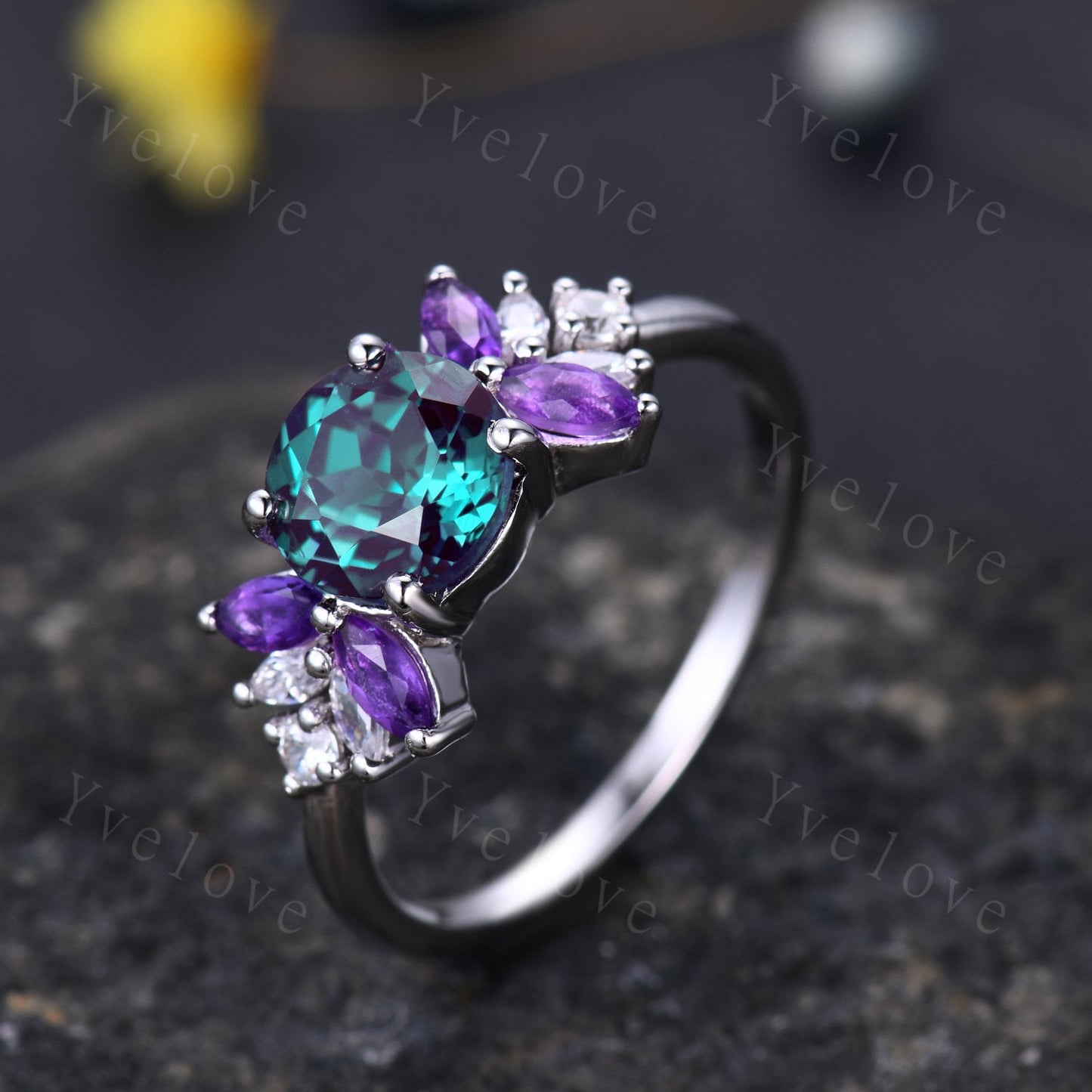 Vintage Alexandrite Engagement Ring,Round Alexandrire,Sterling Silver,Exquisite Women Moissanite Amethyst Gem,Matching Band,Bridal Ring Gift