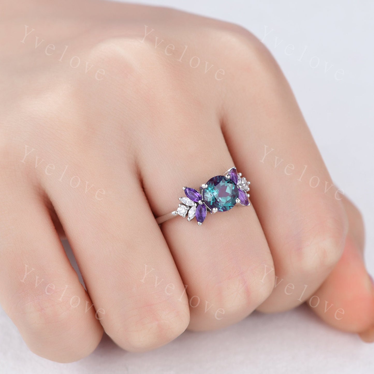 Vintage Alexandrite Engagement Ring,Round Alexandrire,Sterling Silver,Exquisite Women Moissanite Amethyst Gem,Matching Band,Bridal Ring Gift