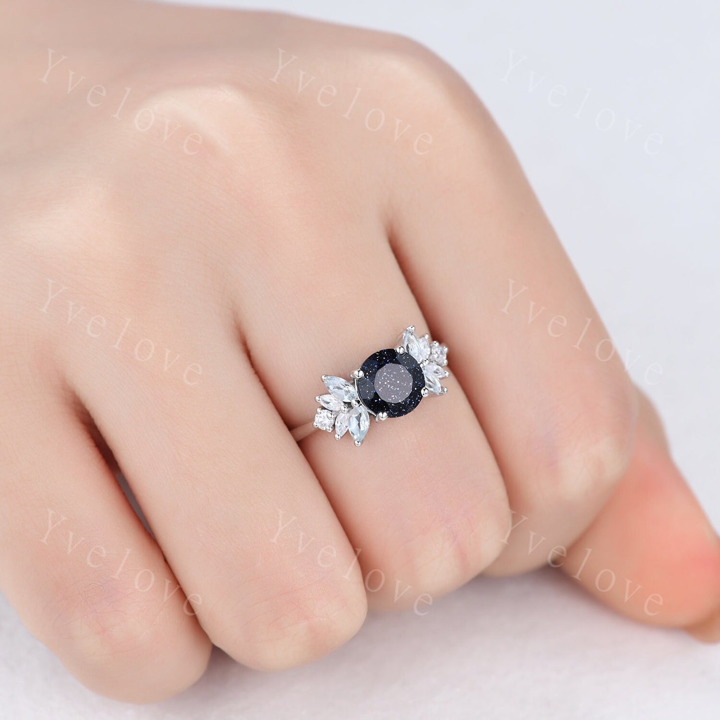 Galaxy Ring,Round Cut Bule Sandstone Ring,Sandstone Engagement Ring,Nebula Ring,Sterling Silver Ring,Marquise Aquamarine Promise Ring Gift