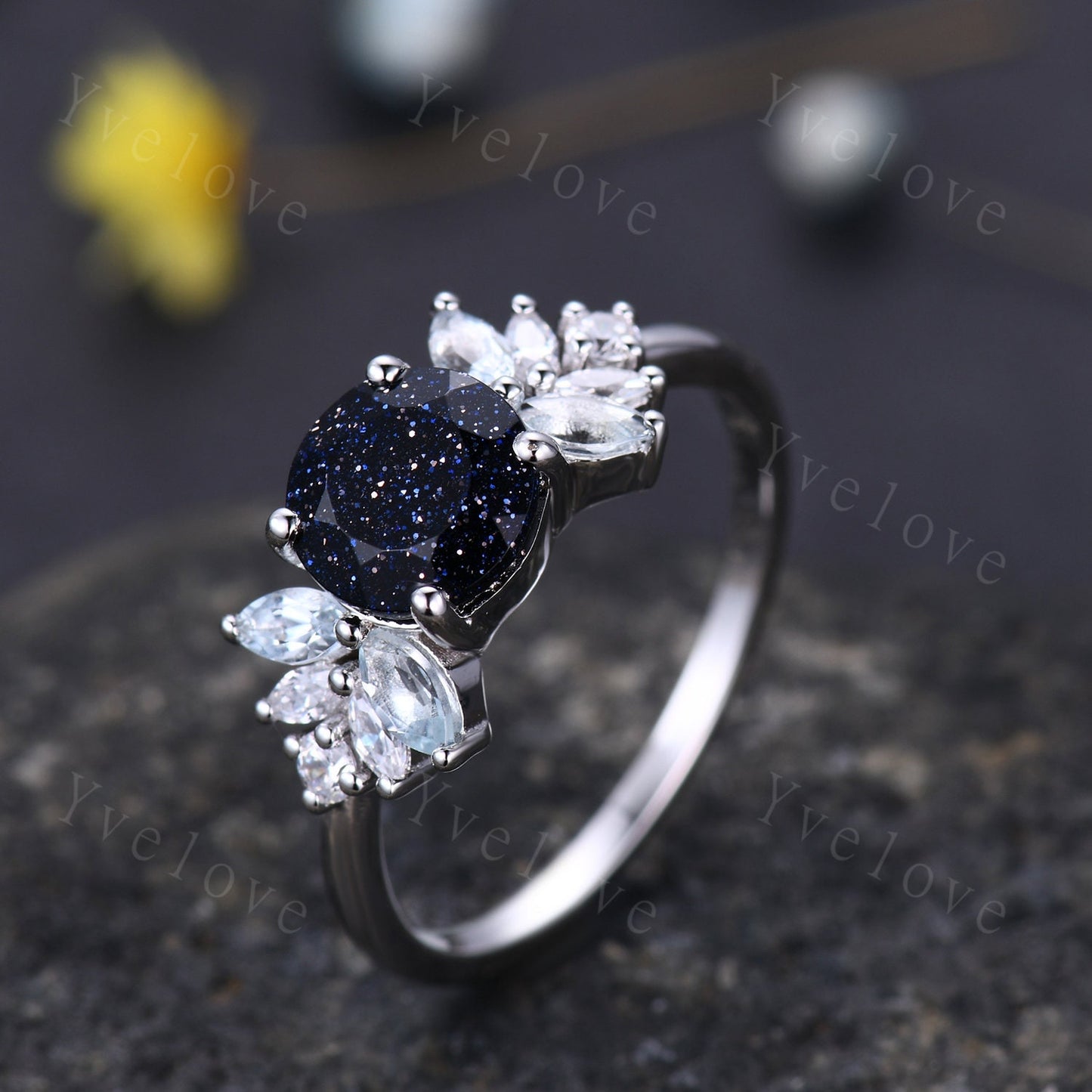 Galaxy Ring,Round Cut Bule Sandstone Ring,Sandstone Engagement Ring,Nebula Ring,Sterling Silver Ring,Marquise Aquamarine Promise Ring Gift