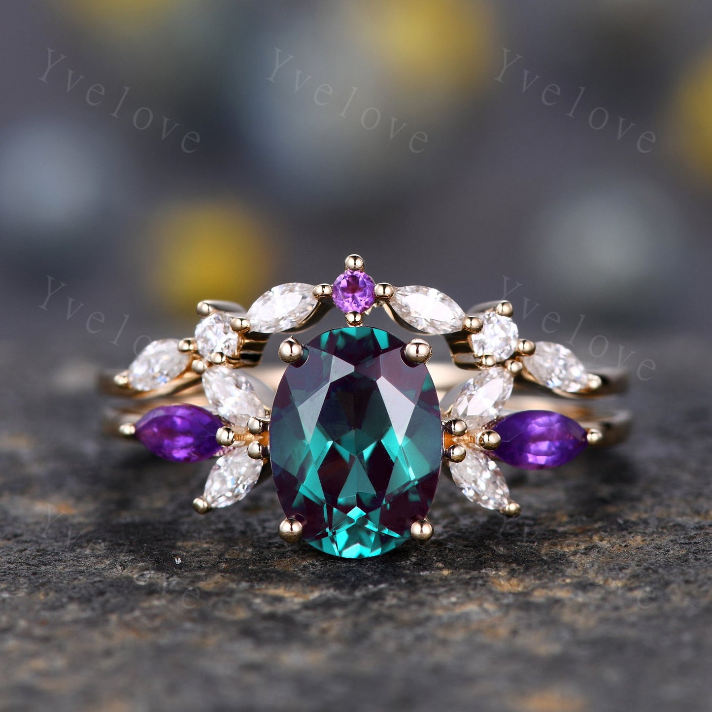 Vintage Alexandrite Engagement Ring Set 14K Gold Women Moissanite Amethyst Gem Matching Band Promise Bridal Stacking Ring Set Gift For Her
