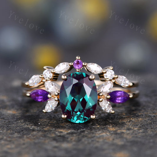 Vintage Alexandrite Engagement Ring Set 14K Gold Women Moissanite Amethyst Gem Matching Band Promise Bridal Stacking Ring Set Gift For Her