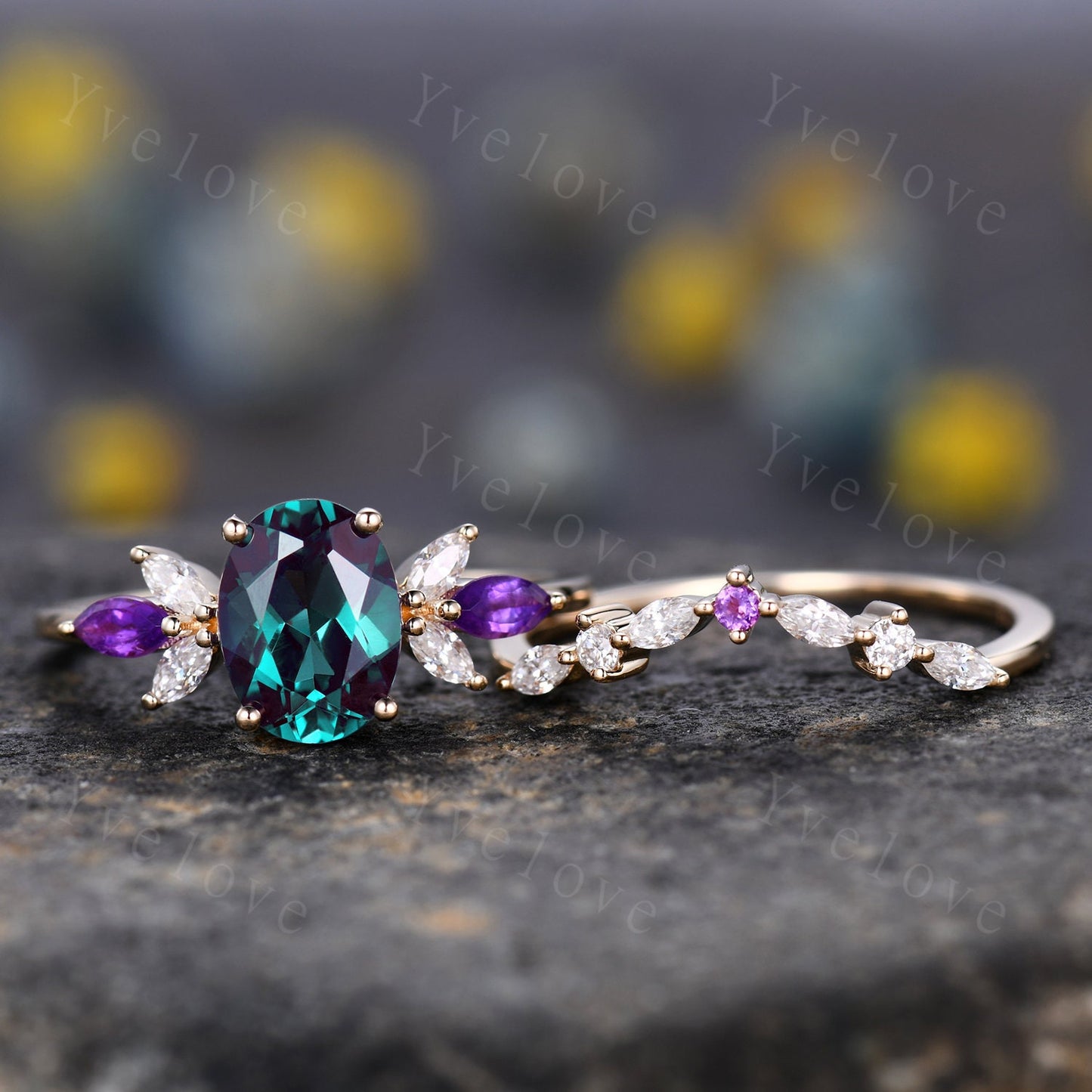 Vintage Alexandrite Engagement Ring Set 14K Gold Women Moissanite Amethyst Gem Matching Band Promise Bridal Stacking Ring Set Gift For Her
