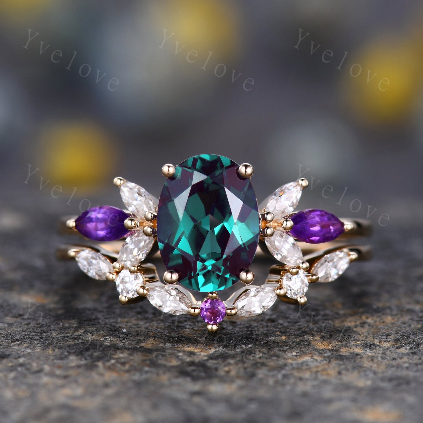 Vintage Alexandrite Engagement Ring Set 14K Gold Women Moissanite Amethyst Gem Matching Band Promise Bridal Stacking Ring Set Gift For Her