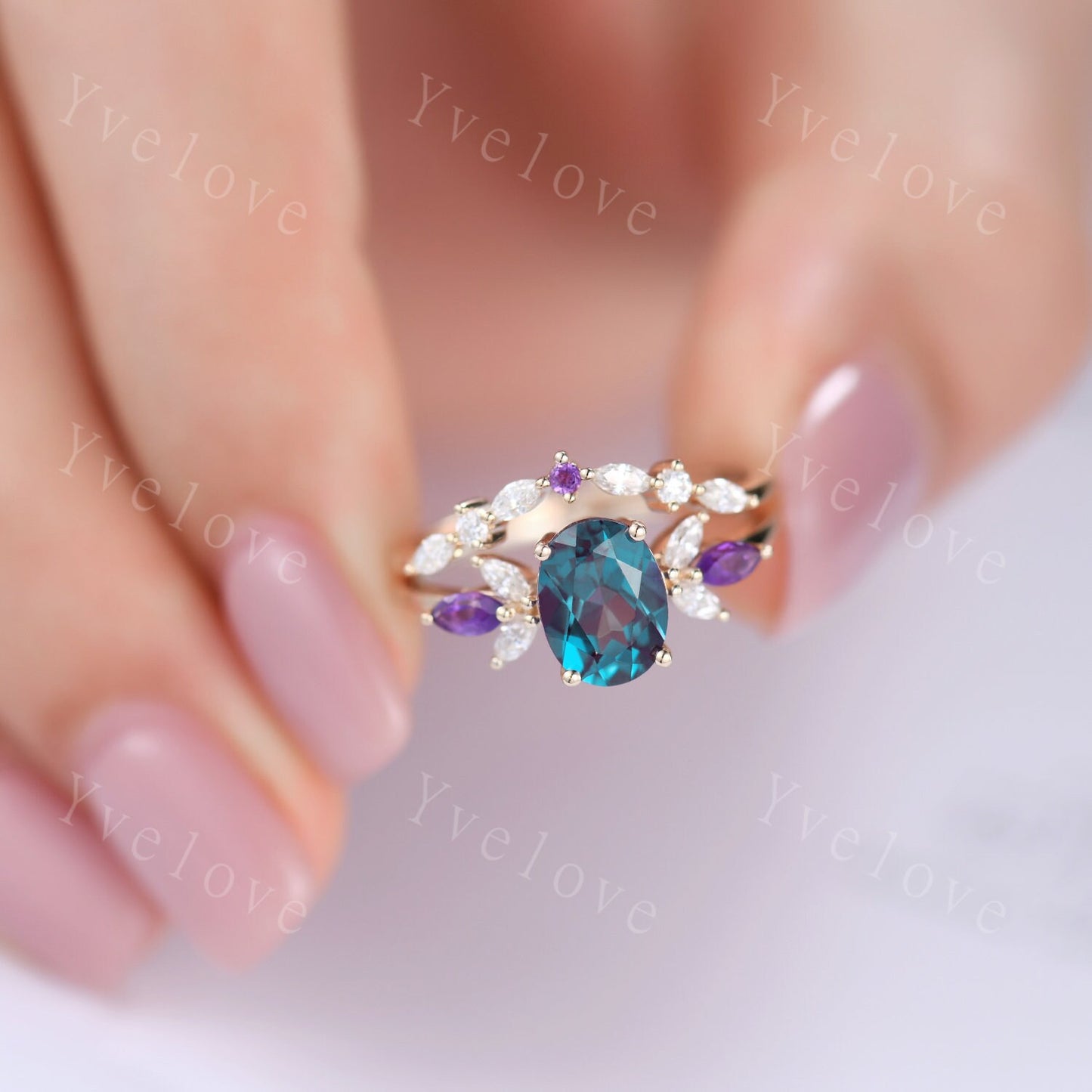 Vintage Alexandrite Engagement Ring Set 14K Gold Women Moissanite Amethyst Gem Matching Band Promise Bridal Stacking Ring Set Gift For Her