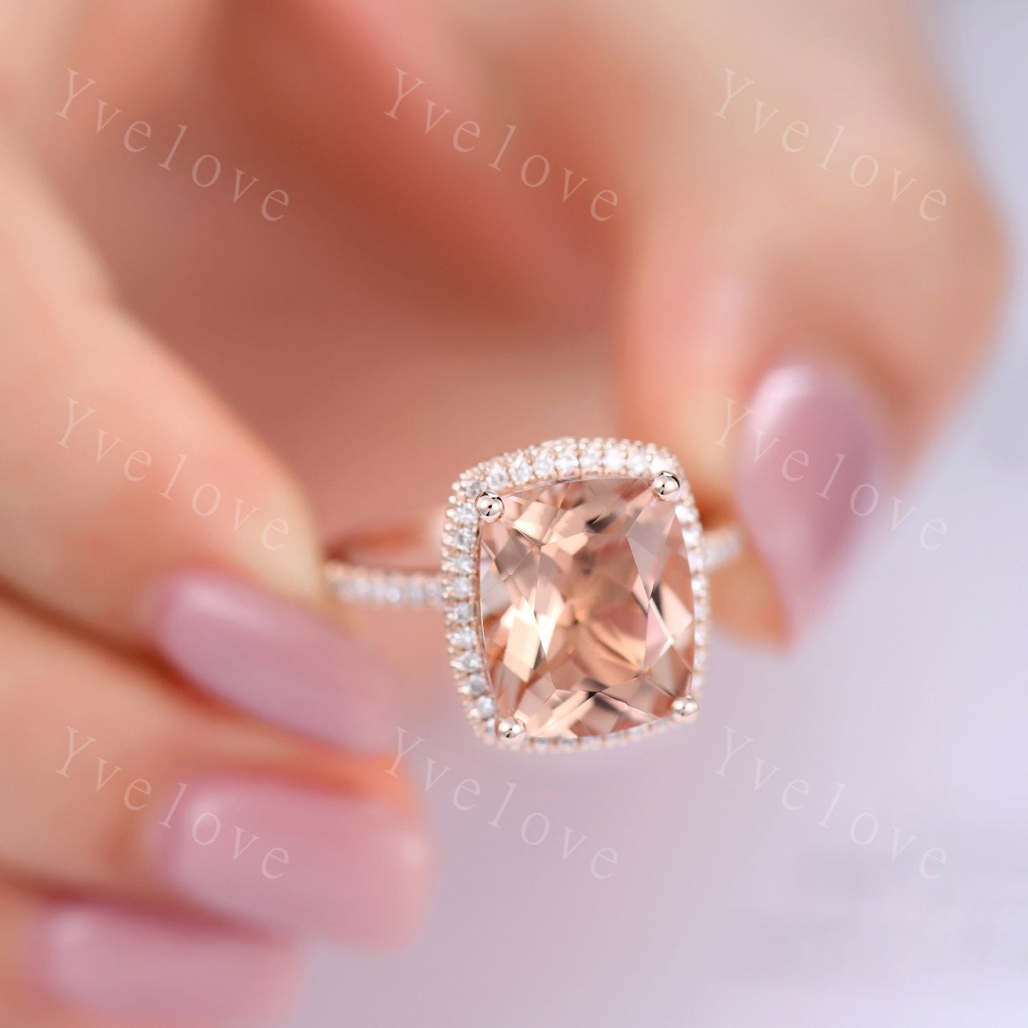 Payment plan for Rae's custom order, switch the main stone to 8mm cushion morganite, diamond as the side stones, 14k rose gold, 2nd payment.