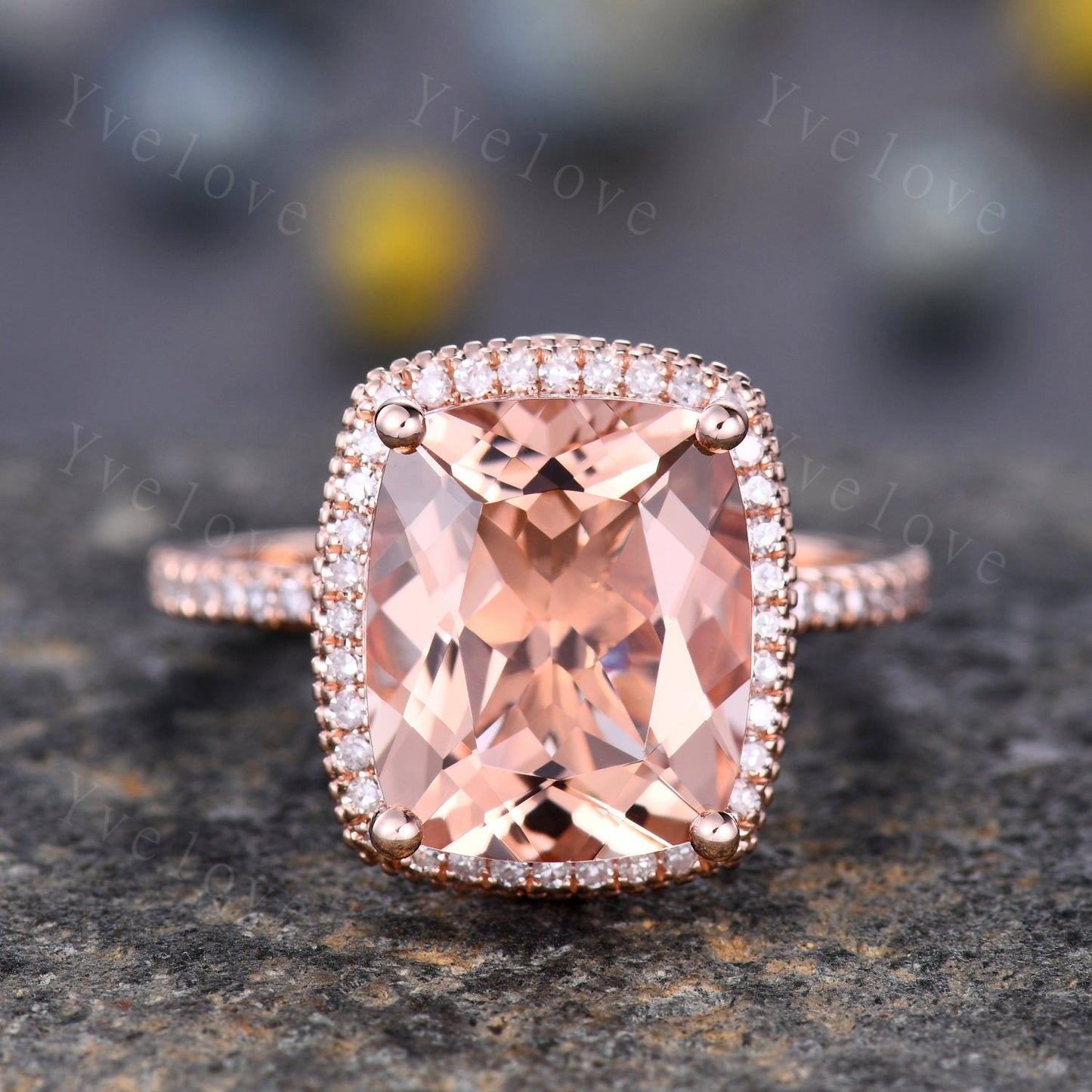 5ct Morganite engagement ring pink morganite ring big cushion shape natural gemstone with thin diamond wedding band solid 14k rose gold