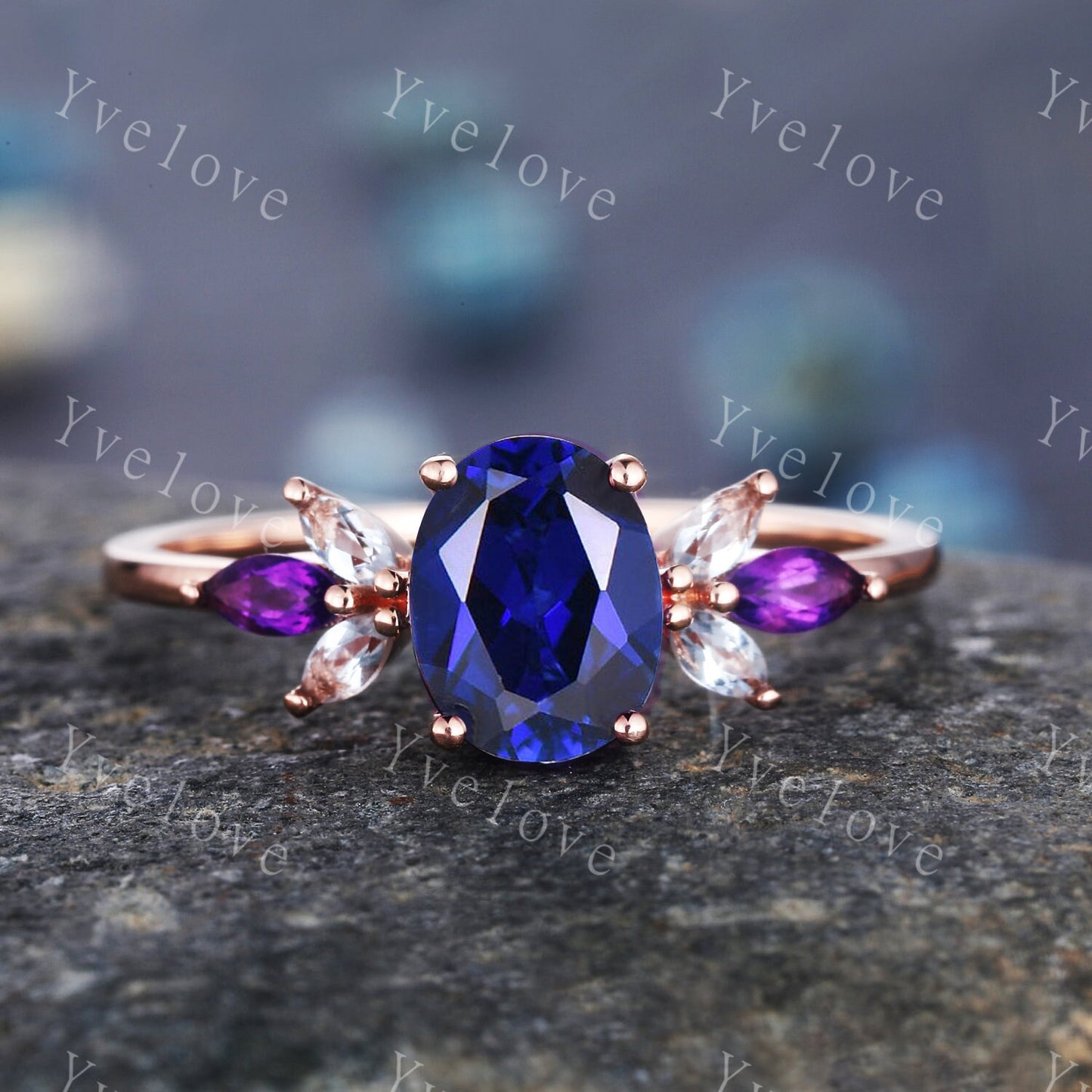 London Blue Topaz Engagement Ring,Natural Topaz,14K Rose Gold Women Moissanite Amethyst Gem Matching Band,Bridal Stacking Ring Gift for her