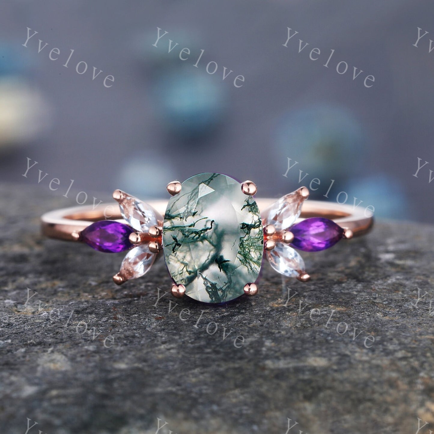 London Blue Topaz Engagement Ring,Natural Topaz,14K Rose Gold Women Moissanite Amethyst Gem Matching Band,Bridal Stacking Ring Gift for her
