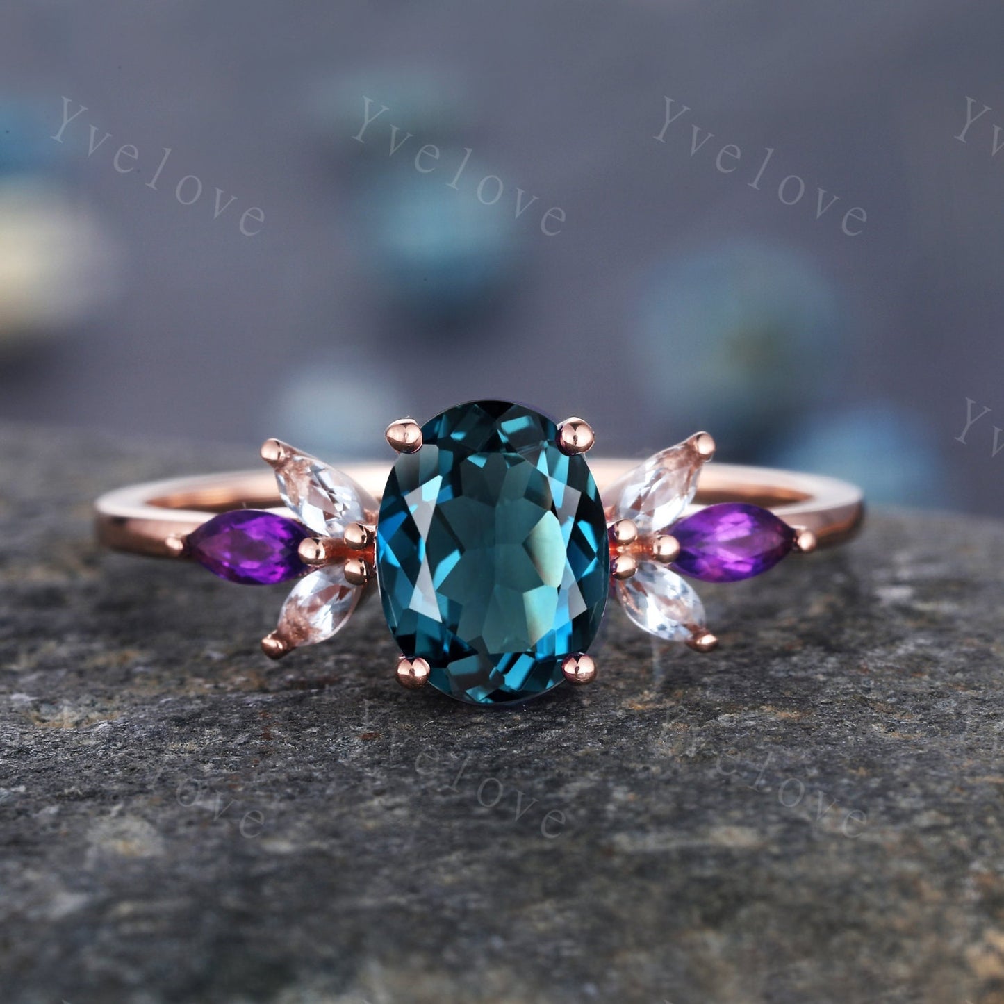 London Blue Topaz Engagement Ring,Natural Topaz,14K Rose Gold Women Moissanite Amethyst Gem Matching Band,Bridal Stacking Ring Gift for her