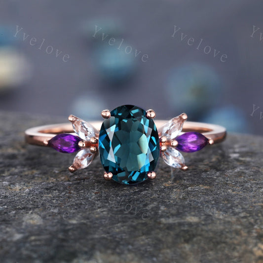 London Blue Topaz Engagement Ring,Natural Topaz,14K Rose Gold Women Moissanite Amethyst Gem Matching Band,Bridal Stacking Ring Gift for her