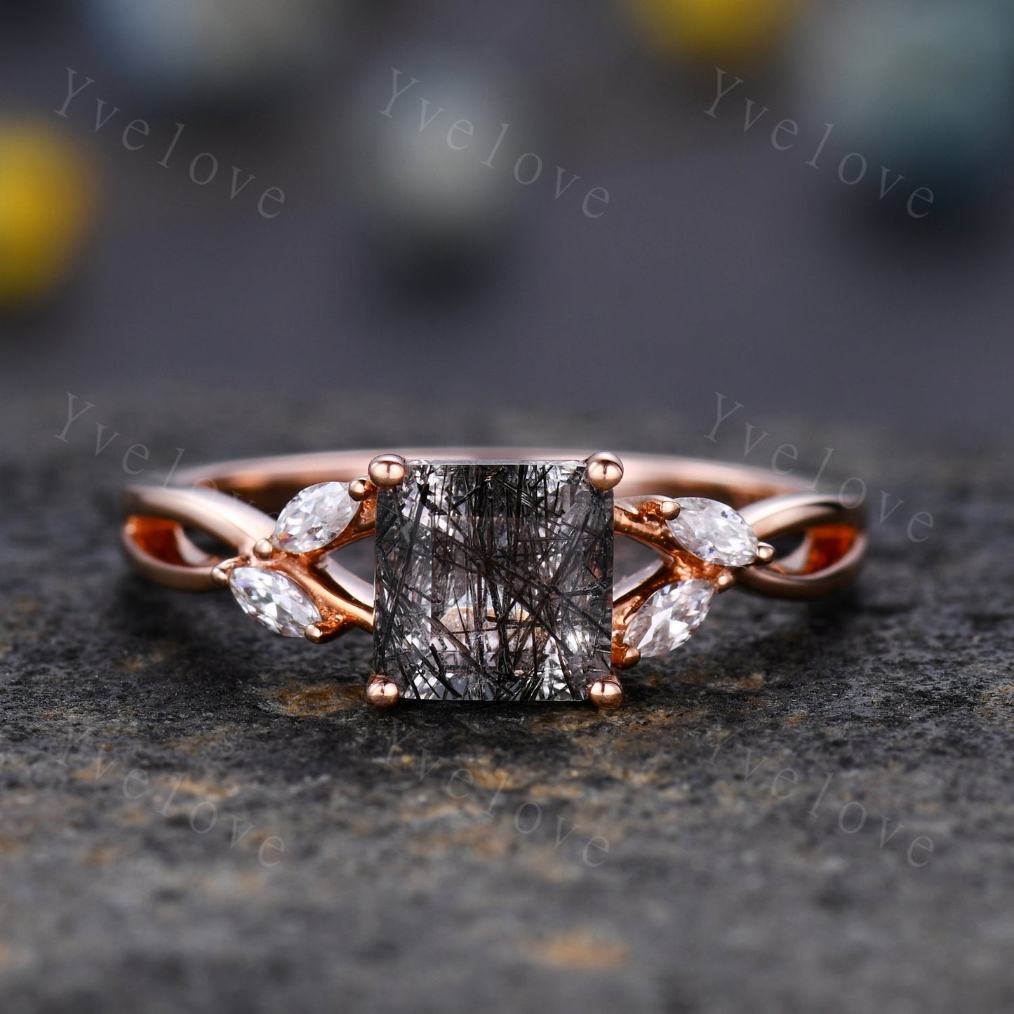 Vintage Black Rutilated Quartz Engagement Ring Set Princess Cut Black Gemstone Ring Set Split Band Vine Moissanite Ring Bridal Ring Gift