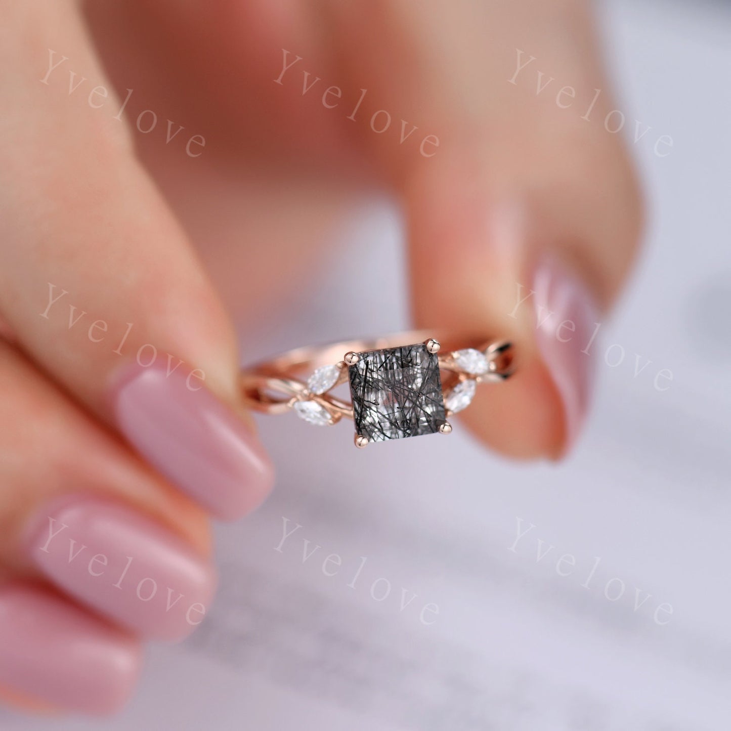 Vintage Black Rutilated Quartz Engagement Ring Princess Cut Black Gemstone Ring Twisting Split Shank Vine Moissanite Ring Bridal Ring Gift