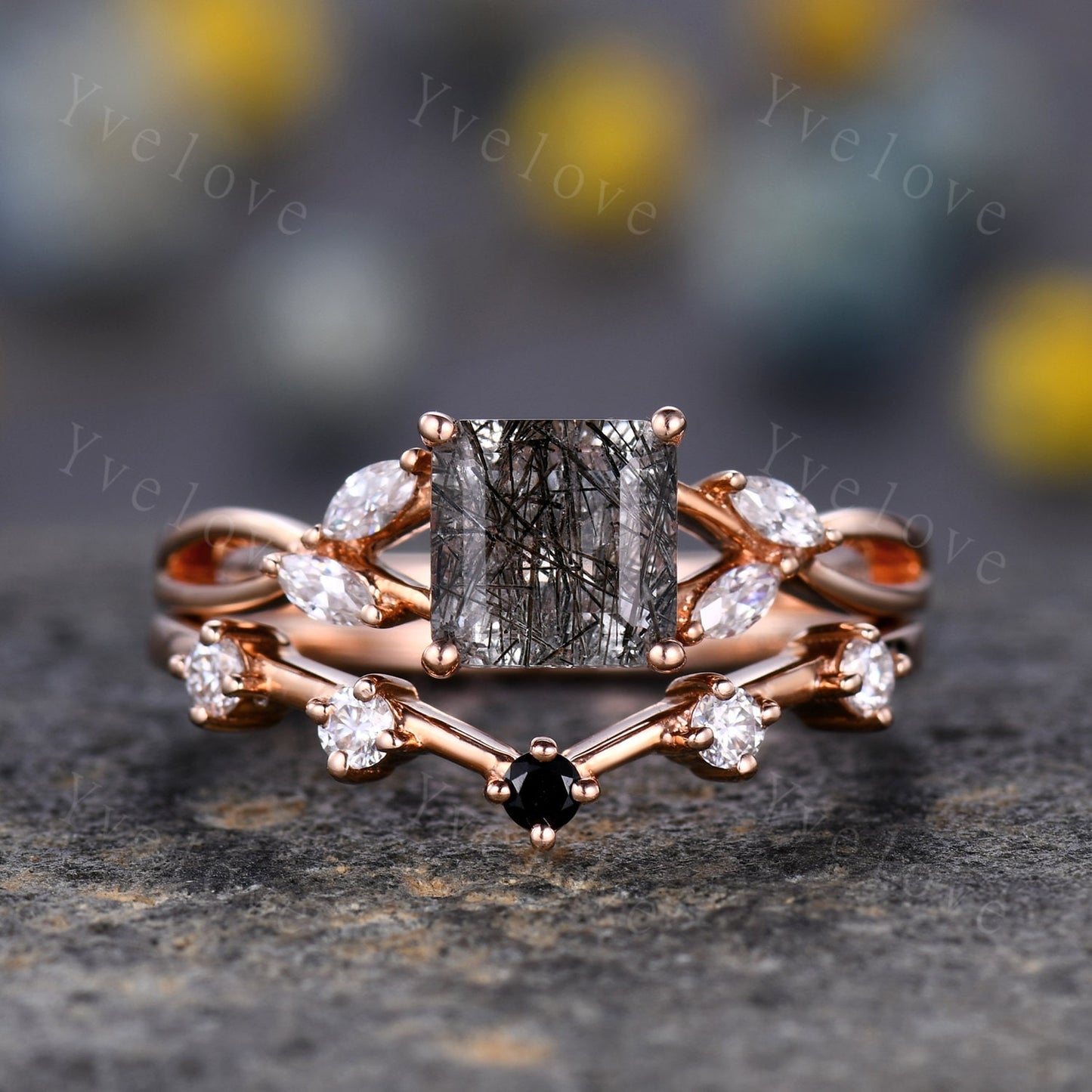 Vintage Black Rutilated Quartz Engagement Ring Set Princess Cut Black Gemstone Ring Set Split Band Vine Moissanite Ring Bridal Ring Gift
