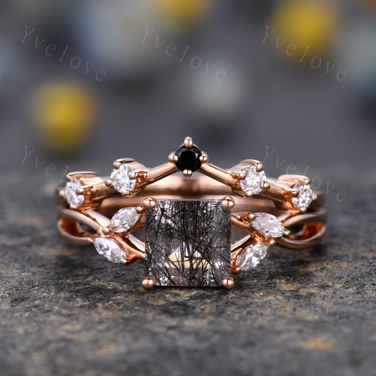 Dainty Moissanite Wedding Band Ring,Women V Curved Wedding Ring,Moissanite Black Spinel Ring,Rose Gold Stacking Bridal Ring,Anniversary Band