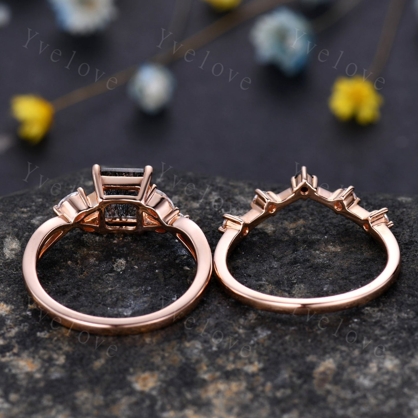 Dainty Moissanite Wedding Band Ring,Women V Curved Wedding Ring,Moissanite Black Spinel Ring,Rose Gold Stacking Bridal Ring,Anniversary Band