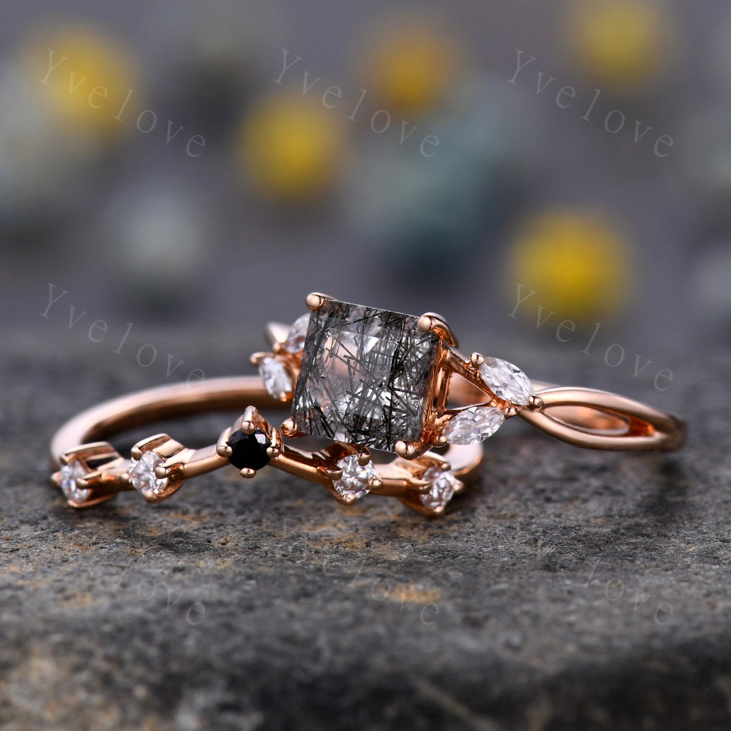Vintage Black Rutilated Quartz Engagement Ring Set Princess Cut Black Gemstone Ring Set Split Band Vine Moissanite Ring Bridal Ring Gift