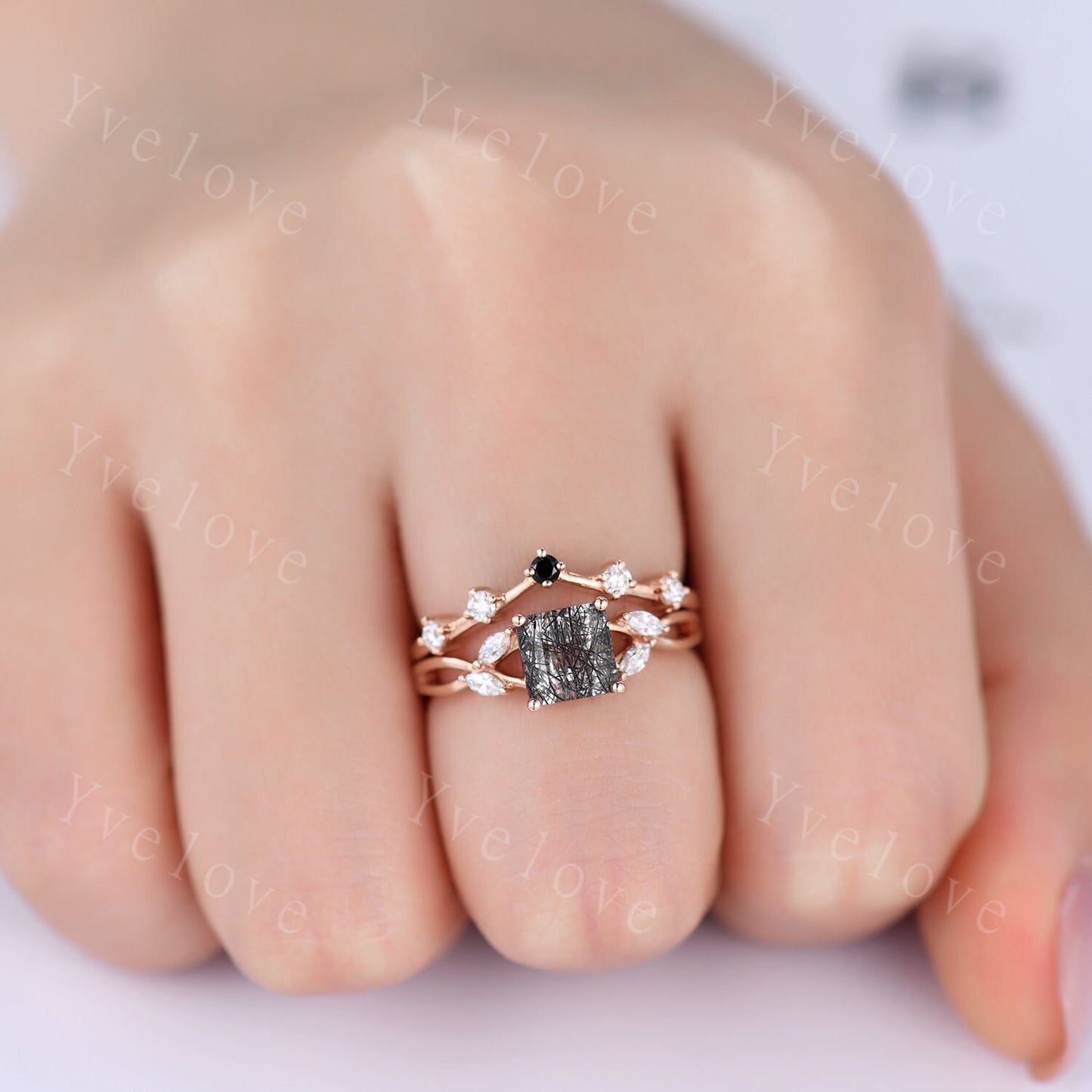 Vintage Black Rutilated Quartz Engagement Ring Set Princess Cut Black Gemstone Ring Set Split Band Vine Moissanite Ring Bridal Ring Gift