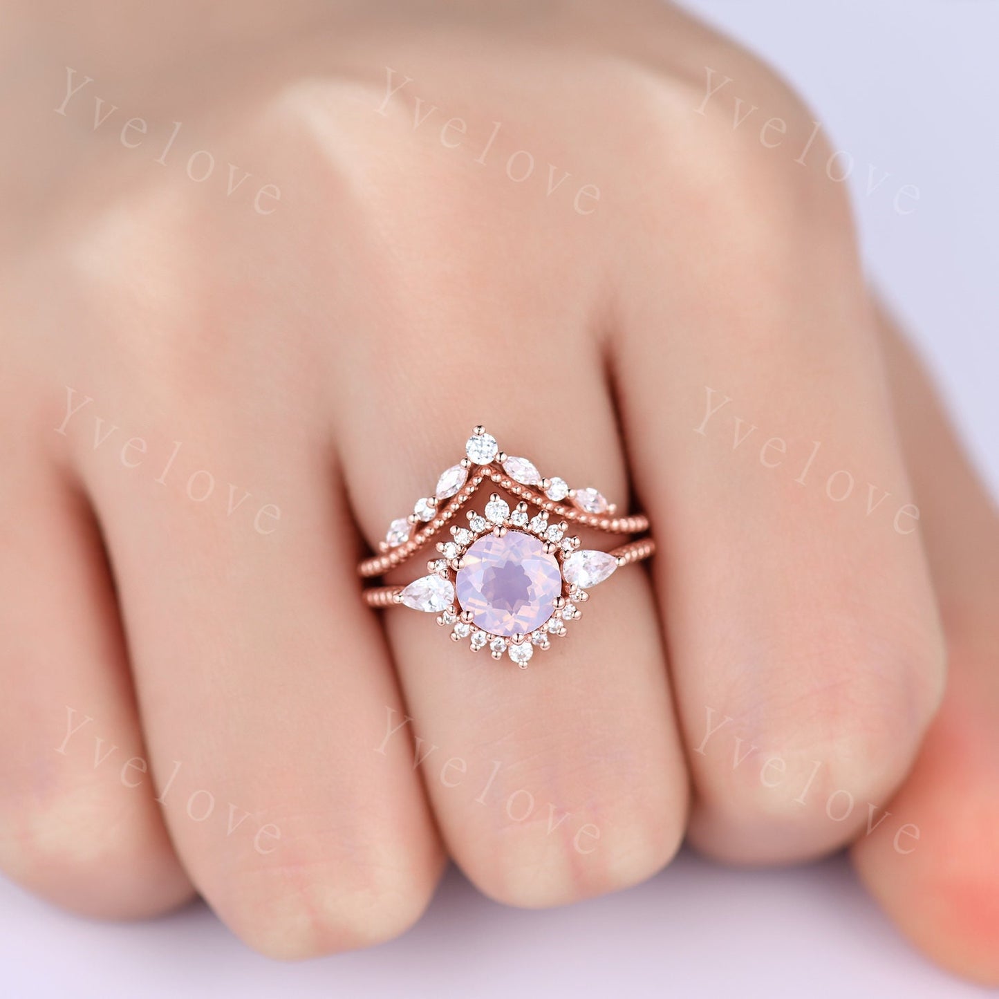 Vintage Lavender Amethyst Engagement Ring Set,Purple Amethyst Ring,Lavender Ring,Pear Moissanite Side Stone,14K Solid Gold,Women Ring Gift