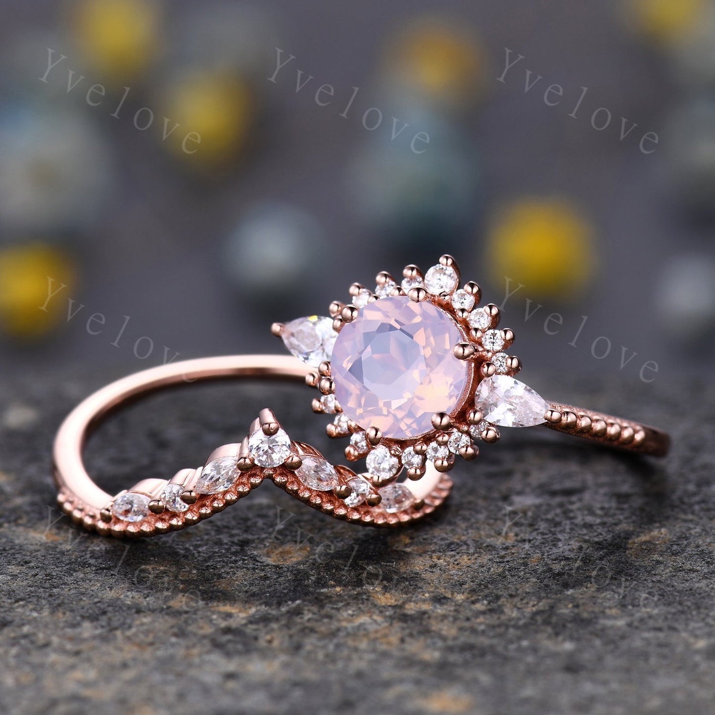 Vintage Lavender Amethyst Engagement Ring Set,Purple Amethyst Ring,Lavender Ring,Pear Moissanite Side Stone,14K Solid Gold,Women Ring Gift