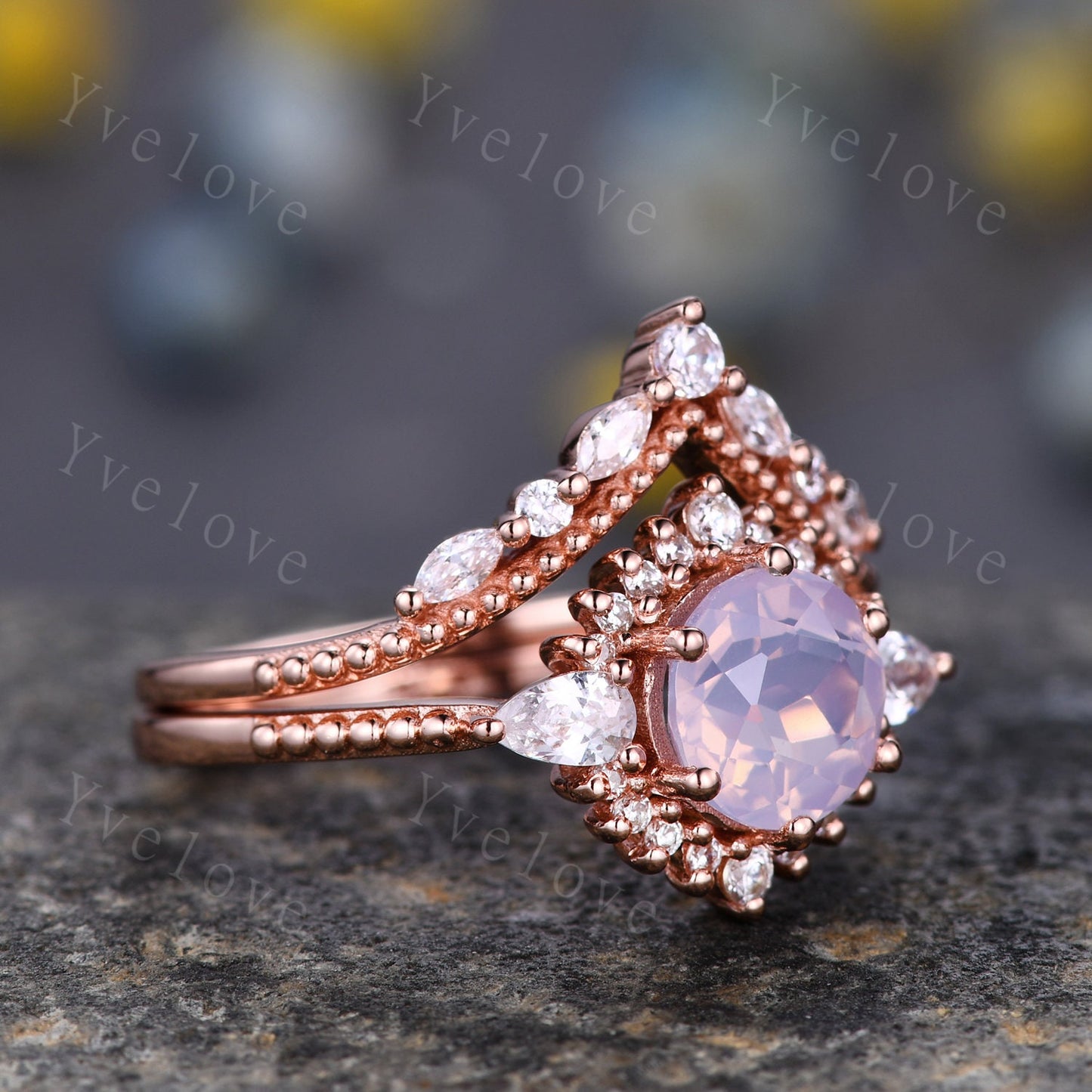 Vintage Lavender Amethyst Engagement Ring Set,Purple Amethyst Ring,Lavender Ring,Pear Moissanite Side Stone,14K Solid Gold,Women Ring Gift