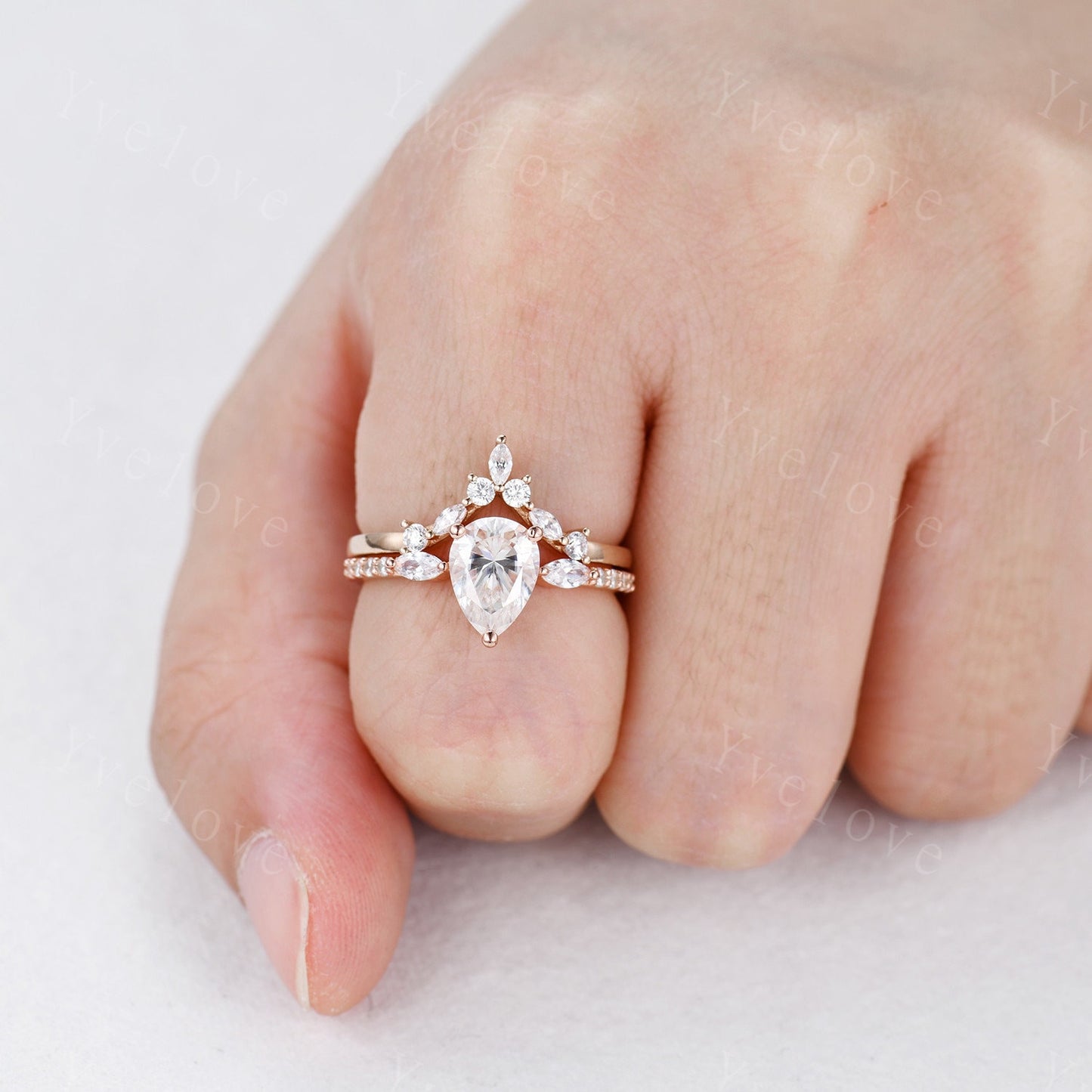 1.5ct Tear Drop Wedding Ring Set,8x6mm Pear Engagement Moissanite Ring,Marquise Moissanite Chevron Band,Rose gold Art Deco Bridal Ring Set