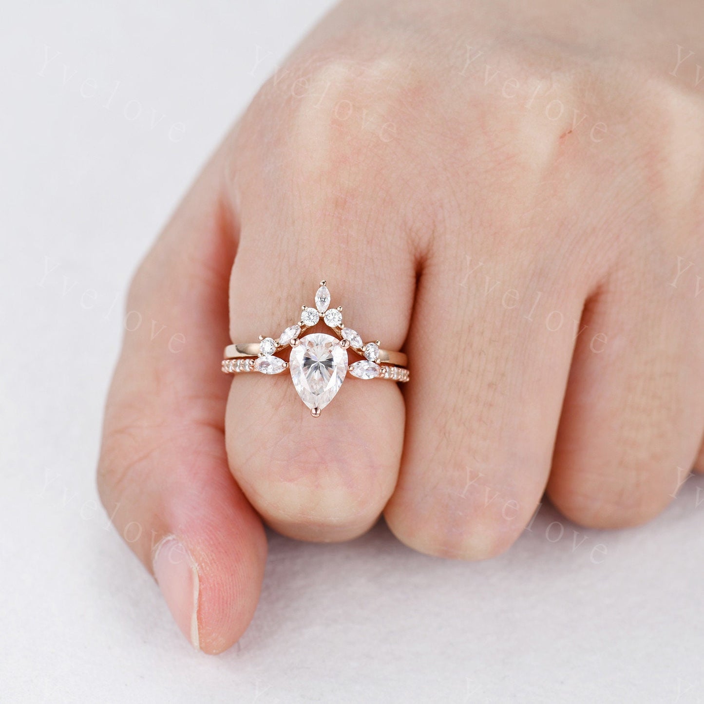 8x6mm Pear Moissanite Engagement Ring,1.5ct Tear Drop Wedding Ring,Marquise Moissanite Wedding Band,Rose Gold Art Deco Bridal Ring For Women