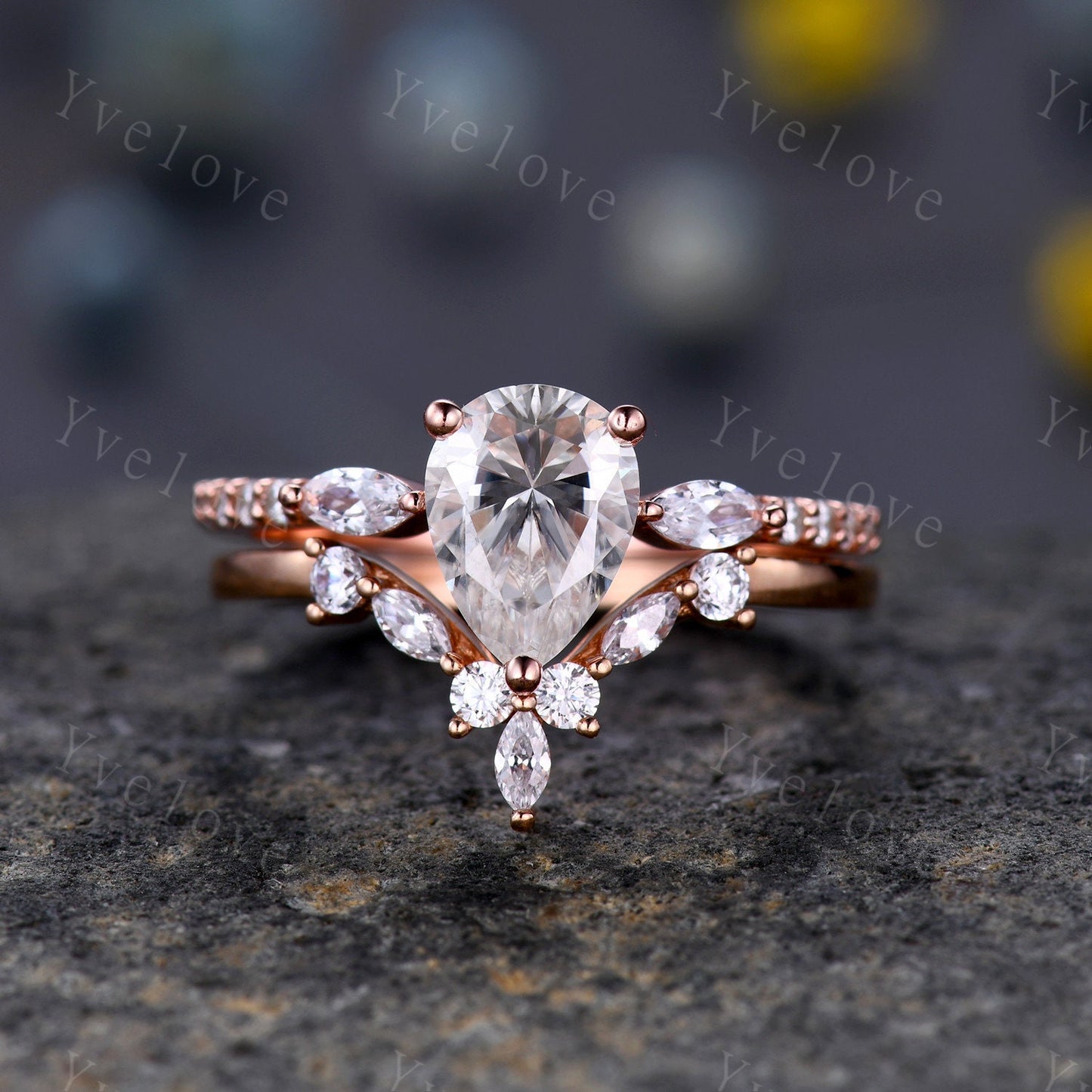 8x6mm Pear Moissanite Engagement Ring,1.5ct Tear Drop Wedding Ring,Marquise Moissanite Wedding Band,Rose Gold Art Deco Bridal Ring For Women