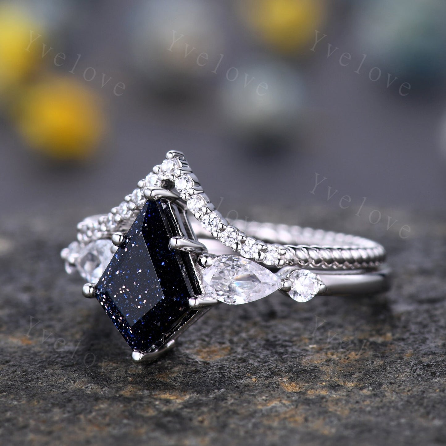 7x10mm Kite shaped Sandstone Engagement Ring Set,Unique Bridal Ring Set,Twisted Moissanite wedding Band,White Gold Galaxy Anniversary Ring