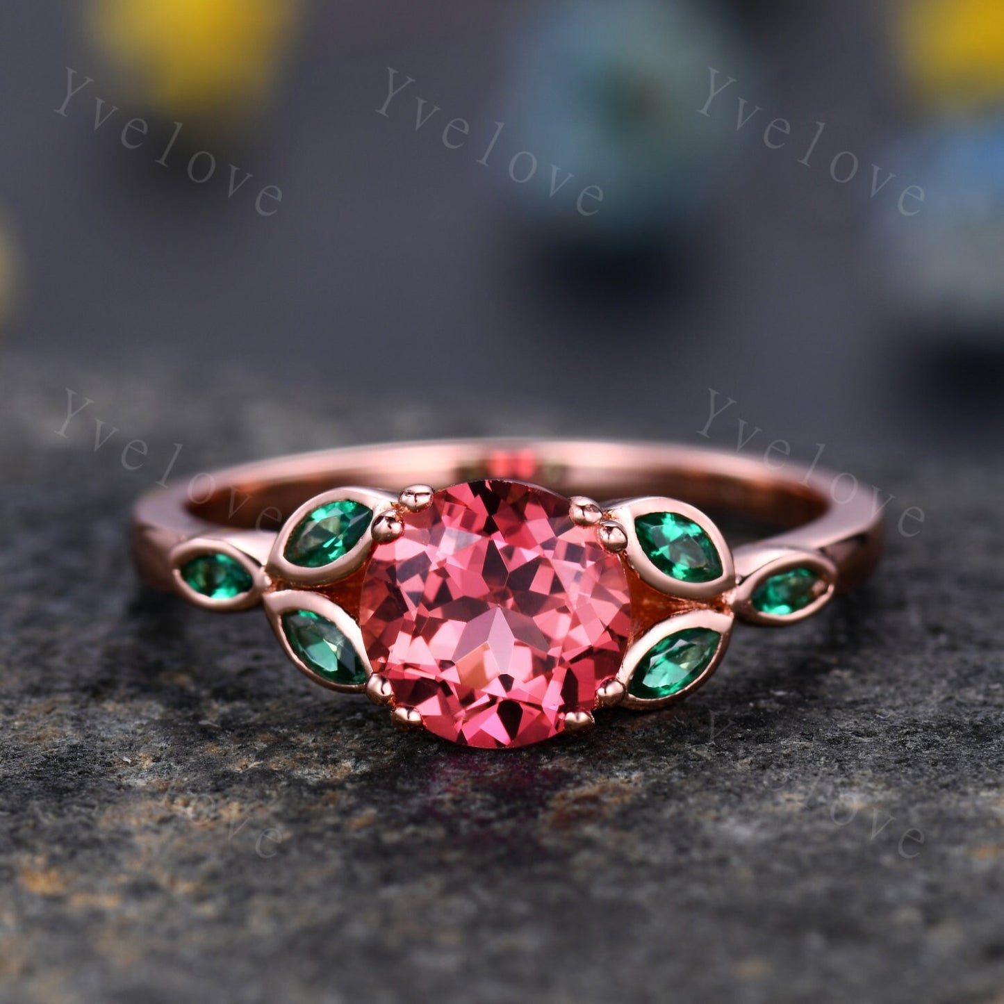 7mm round shaped Padparadscha sapphire engagement ring,Unique sapphire emerald ring,Marquise emerald,gold ring,Promise ring,Anniversary gift