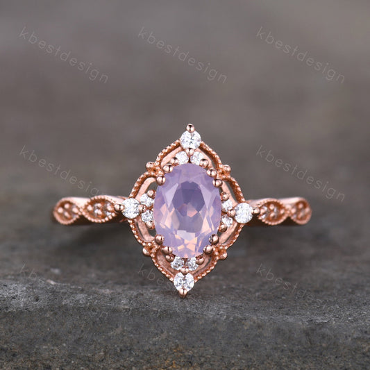 Vintage Lavender Amethyst Ring Rose Gold Oval Cut Amethyst Engagement Ring Unique Art Deco Bridal Wedding Ring February Birthstone Ring