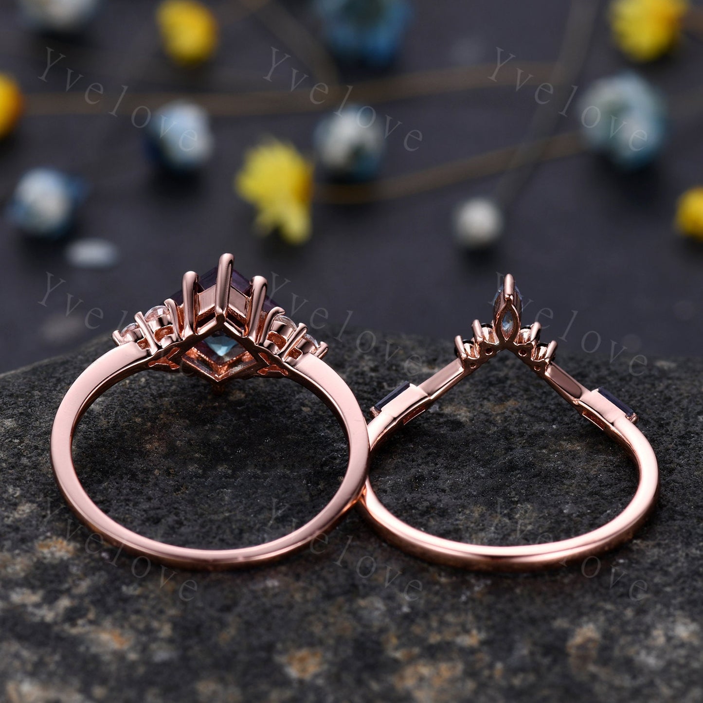 2PCS Vintage Unique Princess Cut Alexandrite Engagement Ring Set,Black Spinel Ring,June birthtone,14k rose gold,Women Unique Ring Set Gift