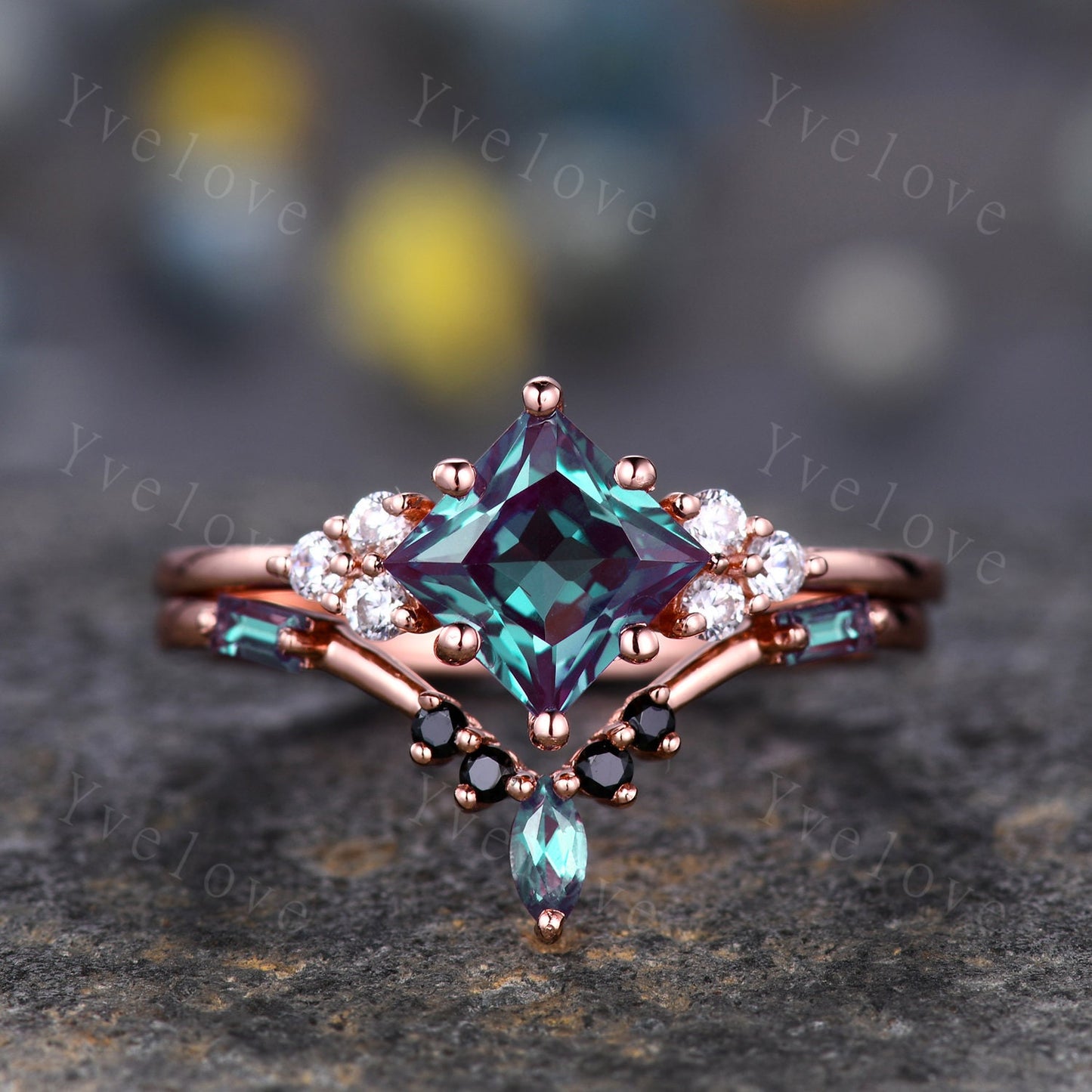 2PCS Vintage Unique Princess Cut Alexandrite Engagement Ring Set,Black Spinel Ring,June birthtone,14k solid gold,Women Unique Ring Set Gift