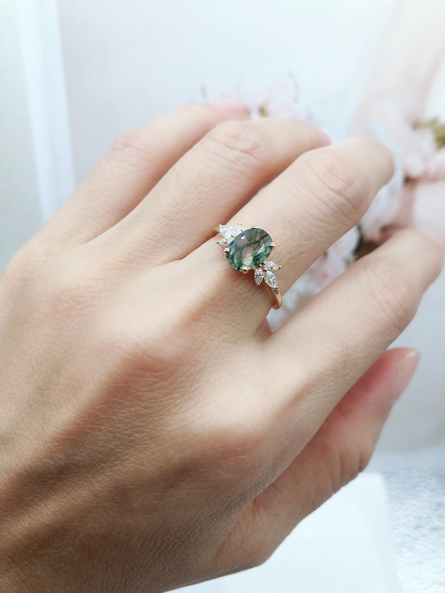 Moss Agate Engagement Ring,Women Stacking Matching Band Diamond/Moissanite Eternity Ring,14k Gold,Unique Vintage Floral Design Promise Gift